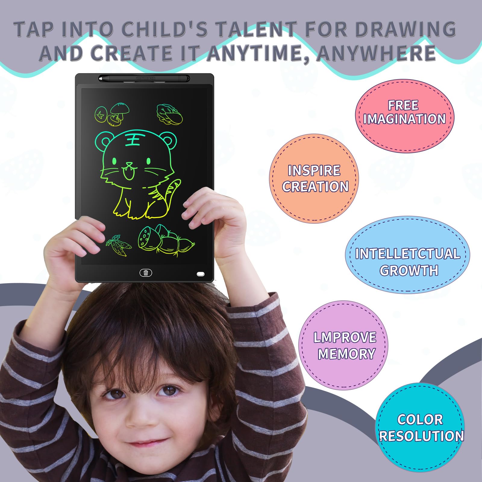 Genialba Tavoletta Grafica LCD Scrittura Colorato 10 Pollici, Lavagna da Disegno Cancellabile Portatile, Regalo Bambini, Tavoletta Grafica per Giochi Bambini 2 3 4 5 6 7 Anni Ragazze (Nero)