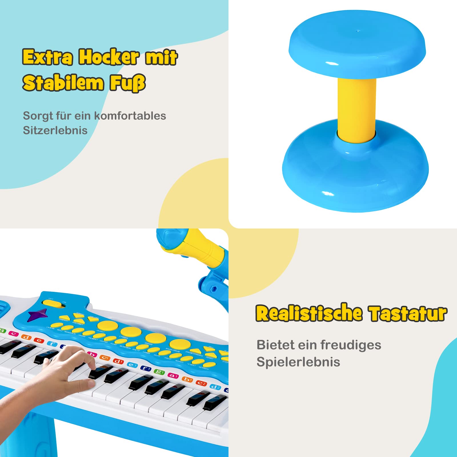 COSTWAY Kinder-Keyboard mit 31 Tasten, tragbares Musikinstrument mit Mehreren Sounds & Lichteffekten, verstellbarem Mikrofon & Hocker, niedliches Spielzeug-Klavier für Kinder ab 3 Jahren (Blau)