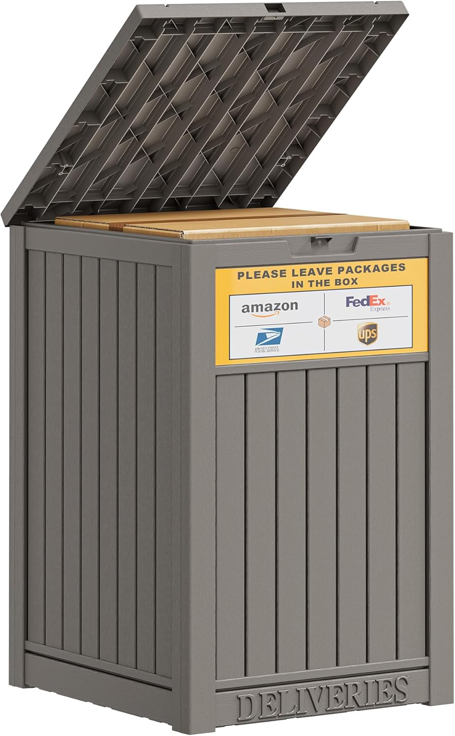 49 Gallon Package Delivery Boxes for Outside, Outside Storage Box Waterproof with Sign, Lockable Storage Box, Large Double-Walled Resin Weatherproof Deck Box for Porch and Patio, Grey