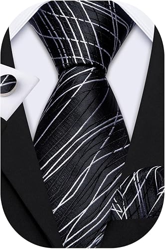 Miniatura 7 de BarryWang Conjunto de corbatas a rayas para hombre estilo clásico tejido con gemelos de pañuelo formal