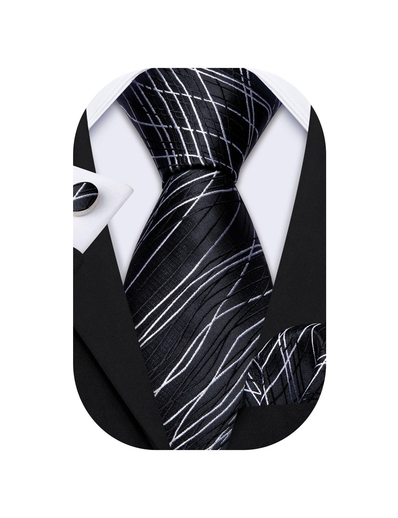 Barry.Wang Stripe Men Ties Set Classic WOVEN Necktie with Handkerchief Cufflinks Formal, Black Stripe, One size