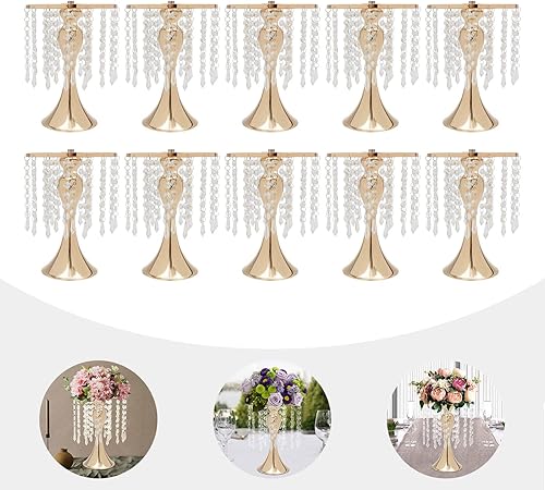 Miniatura 7 de Fetcoi Soporte de flores de cristal dorado para mesas de boda, 10 piezas de plomo de carretera, jarrón de metal para mesas de recepción, suministros