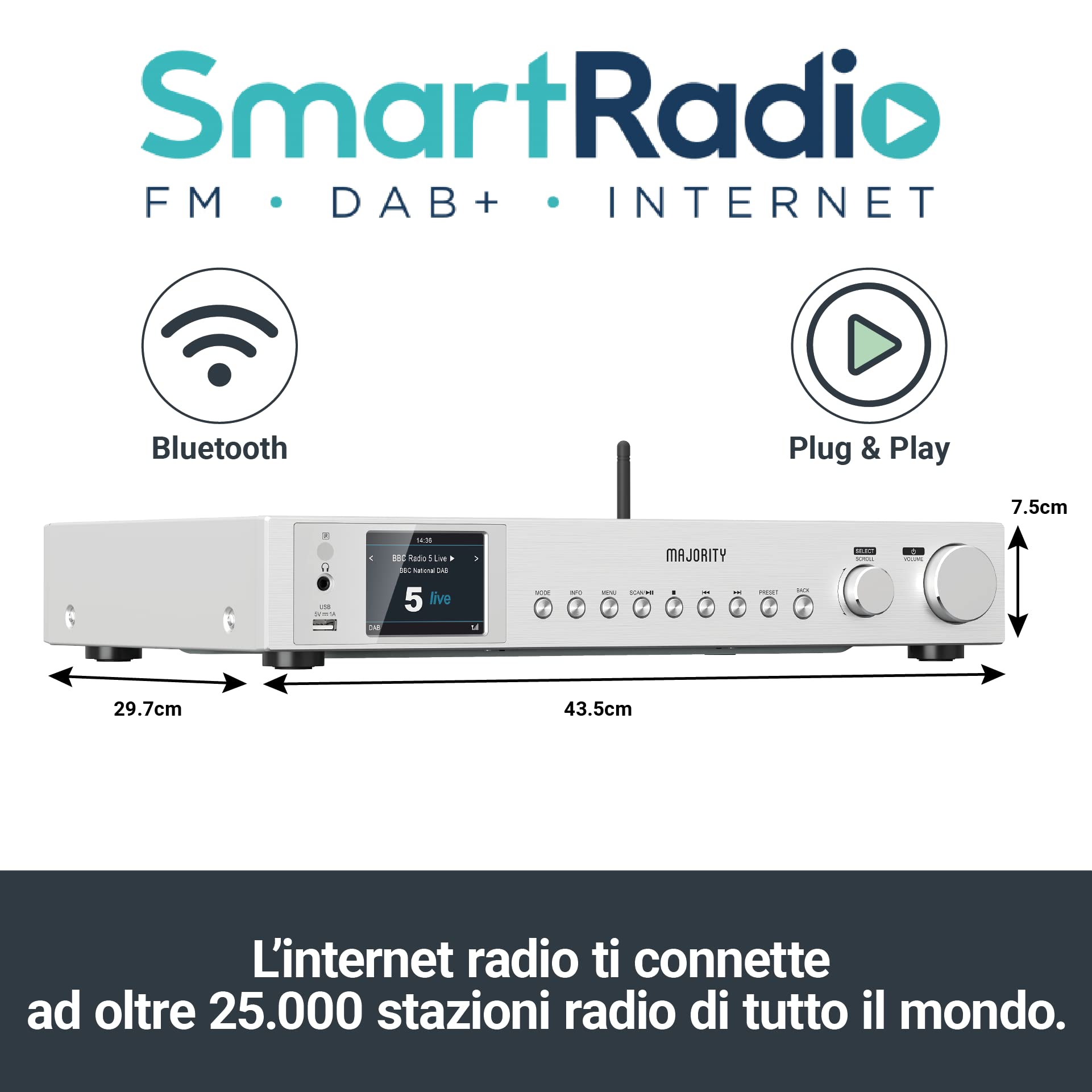 Majority Fitzwilliam Radio Internet avec DAB+ | WLAN Radio de Cuisine, Bluetooth, Hi-Fi, Tuner Stéréo, Tunein, Cuisine Radio Numérique Dab Plus Player, Hi-Fi Digitradio System