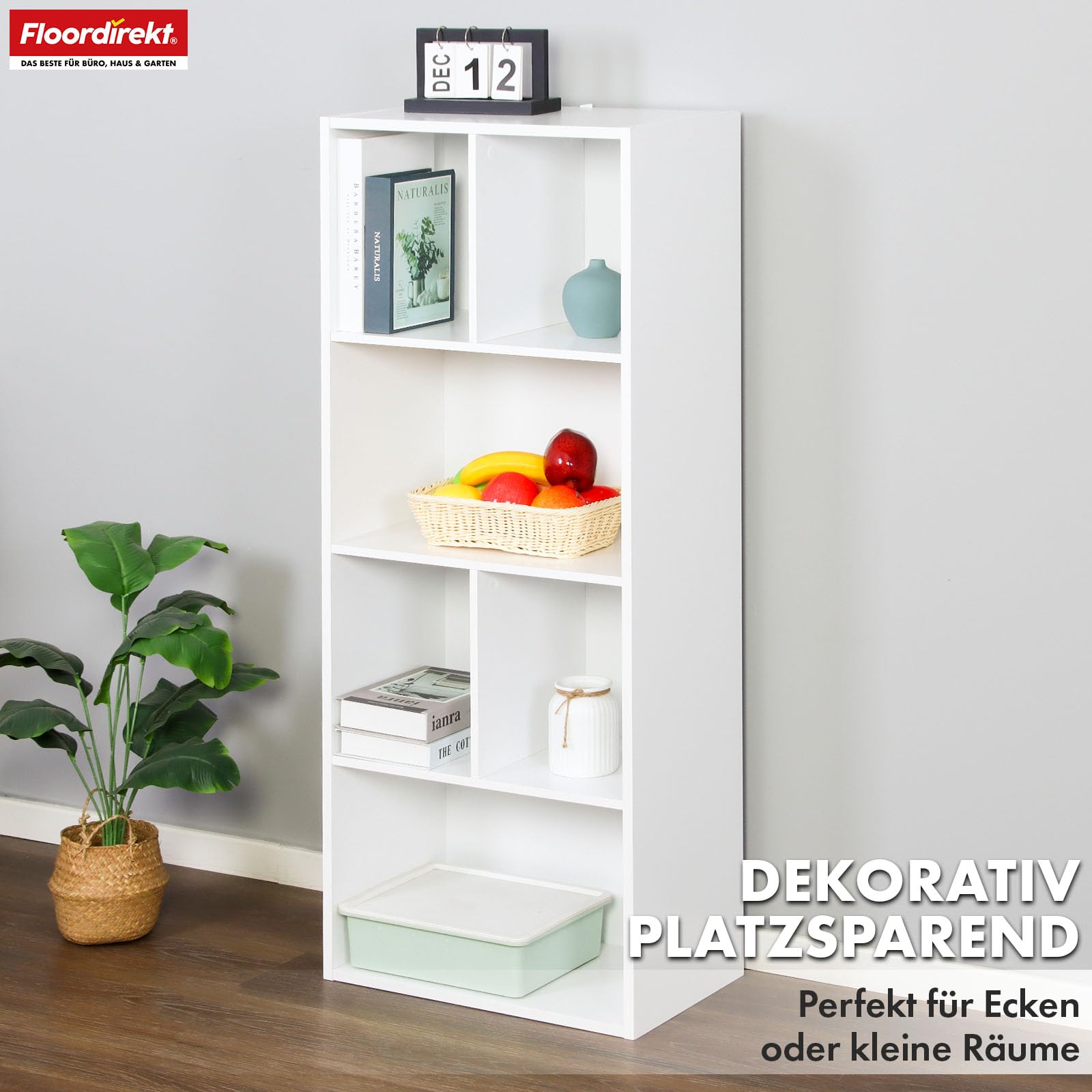 Floordirekt Regał na książki, biały z 6 półkami, regał w kształcie kostki, 29 x 50 szer. x 121 wys. cm, ścianka działowa do pokoju dziecięcego, salonu, biura i sypialni (California)