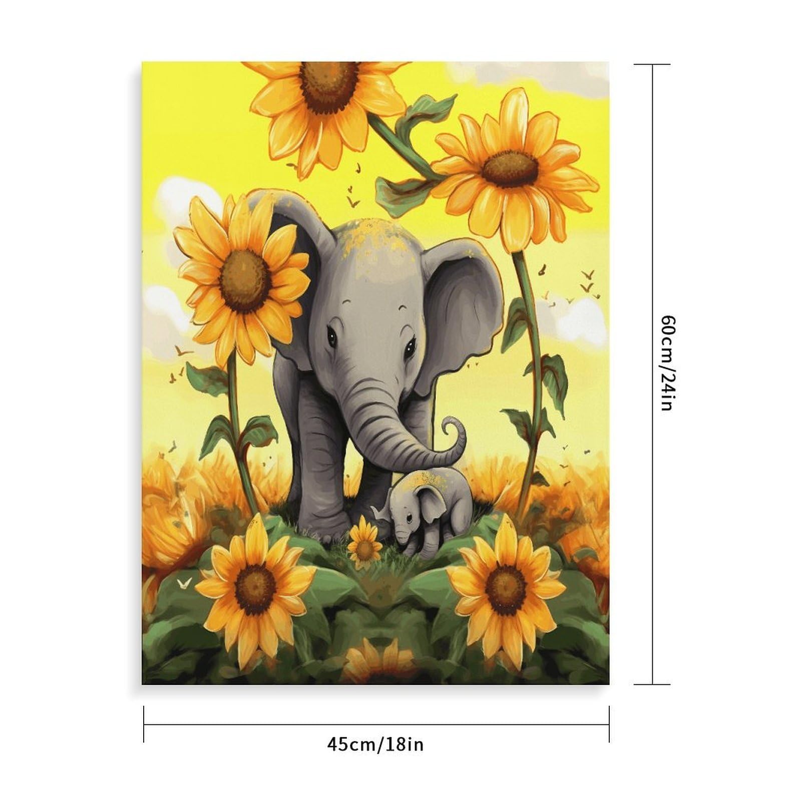 LPAGBCNU Malen nach Zahlen für Erwachsene und Anfänger, Erwachsene, Motiv: Elefant und Baby, Elefant, Sonnenblumen, Malen nach Zahlen, Kits auf Leinwand, DIY-Acryl-Ölfarben, Gemälde mit Pinseln für