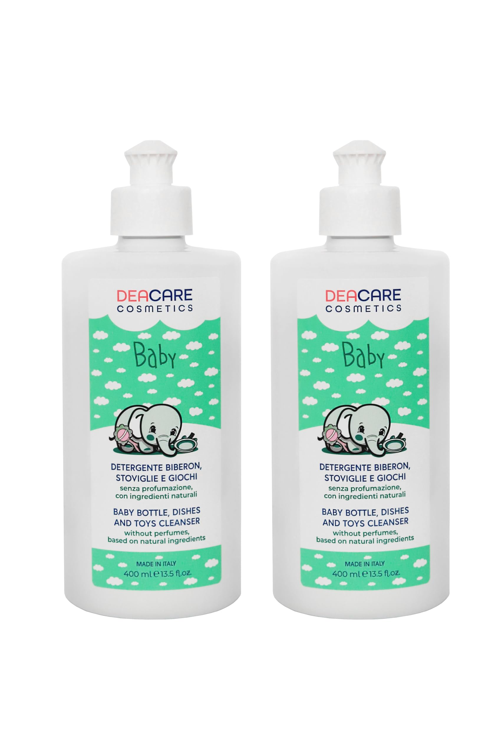Deacare Baby KIT 2 DETERGENTE BIBERON STOVIGLIE E GIOCHI con Enzimi di Origine Naturale, Senza Profumo, Detersivo Biberon, Rimuove Residui Cibo e Sanitizza, Dermatologicamente Testato - 2x400ml