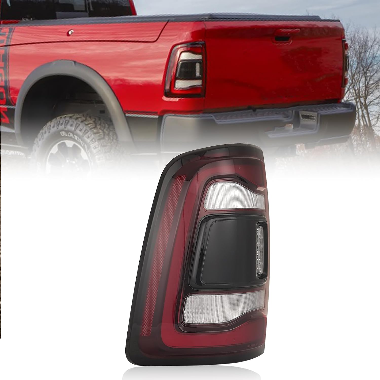 KARPAL LED Tail Light Assembly Left Driver Side Compatible with 2019-2024 Dodge Ram 2500 3500 w/o Blind Spot Rear Lamp Brake Light Replacement for 68361719AD Black Bezel