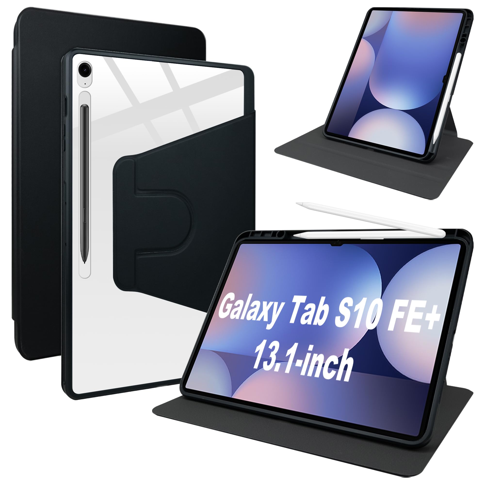 Lemxiee PU Leather Case for Samsung Galaxy Tab S10 FE Plus 13.1" cover,PU leather + Transparent Acrylic case with Swivel stand/Pen slot position