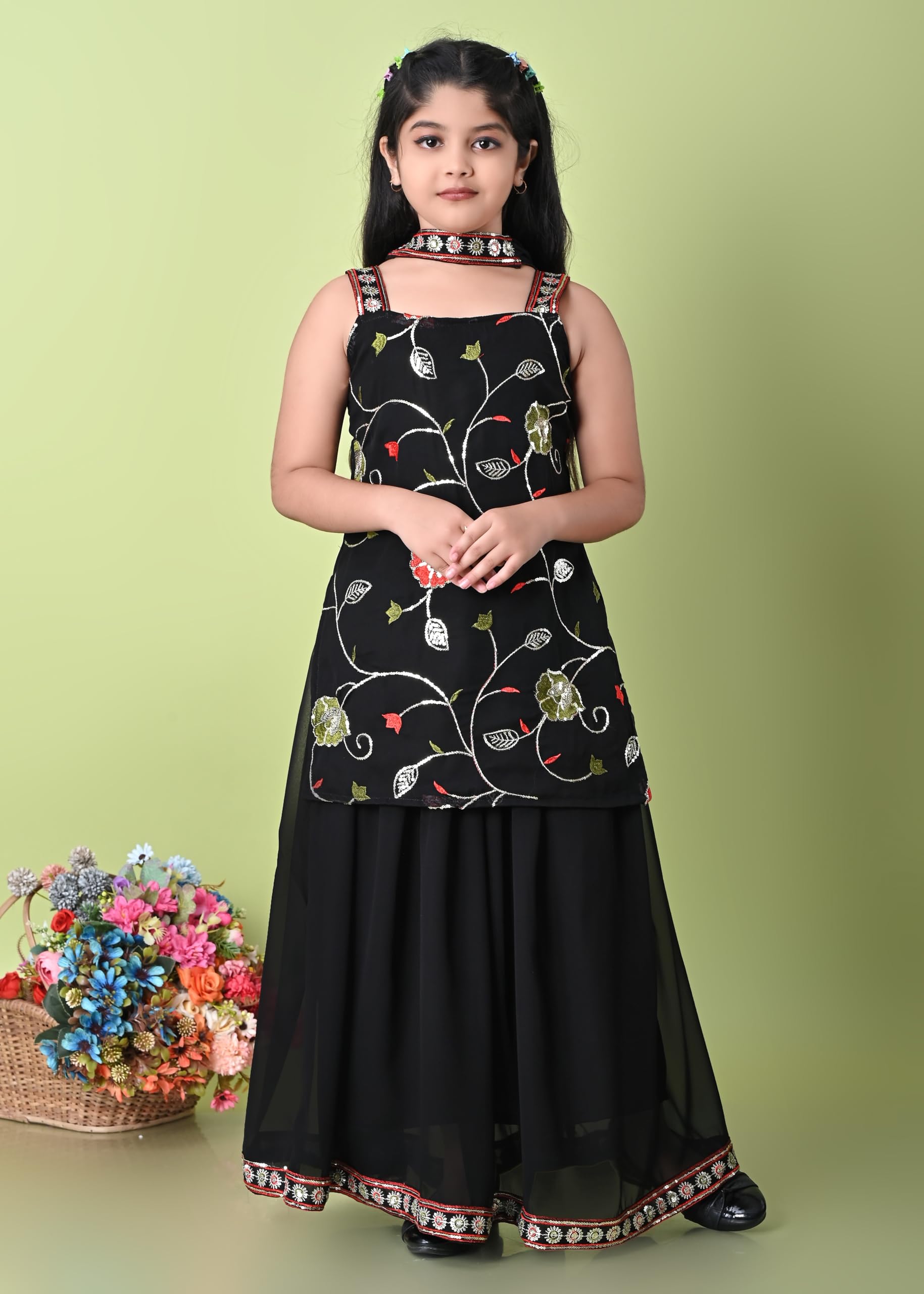 SPAMitude - Georgette Embroidery Sequin Kurta, Skirt and Dupatta Set for Girls – Ethnic Party Dress I Birthday Trendy Classic Outfit I Square Neck Sleeveless (BLACK, 10-11 YEARS) - Image 2 thumbnail
