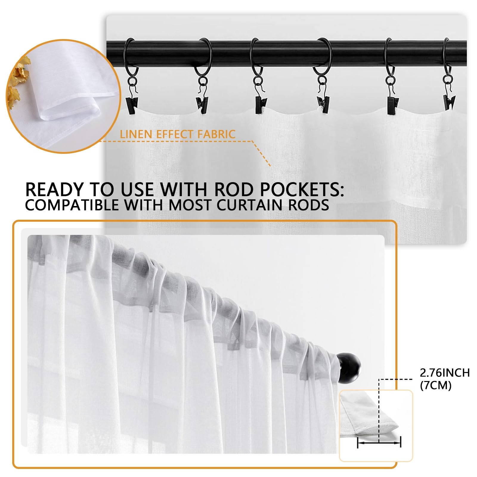 2 Pannelli Tende Trasparenti 170 x 110 cm Set di 2 Pannelli in Voile Morbido, 100% Poliestere, Traslucido Tenda Salotto Moderne per Soggiorno e Camera da Letto, Bianco
