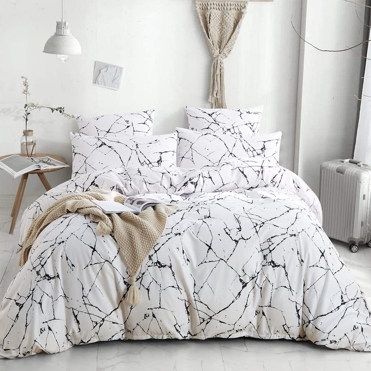 Lanqinglv Duvet Cover Set King Size Black and White Marble Geometric Bedding Set Kingsize Reversible Textured Soft Quilt Cover 220x240cm with Zipper Closure and 2 Pillowcases 50x75cm