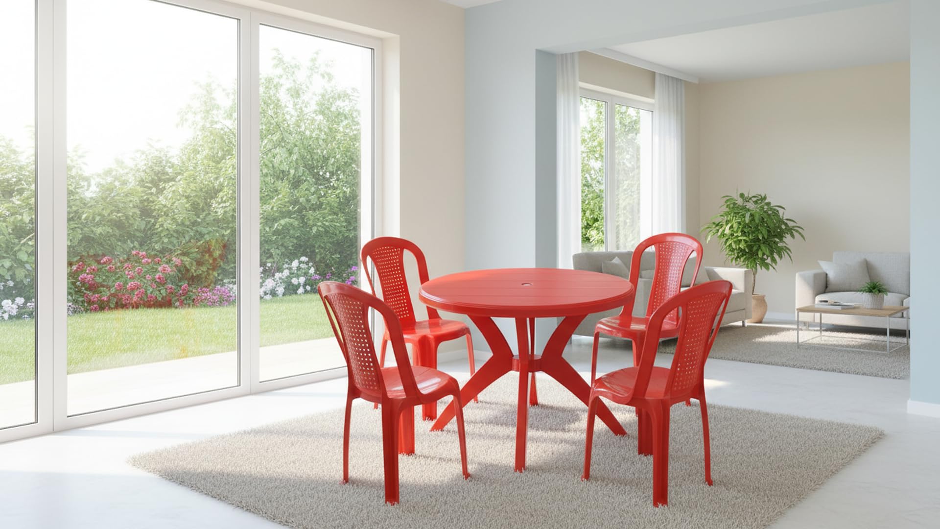 Nilkamal Meridian Round 4 Seater Virgin Plastic Dining Table Set for Dining Room | Indoor & Outdoor |Home Office | Hotel, Café and Restaurants | 1 Dining Table with 4 Chairs | Color Bright Red-image-20
