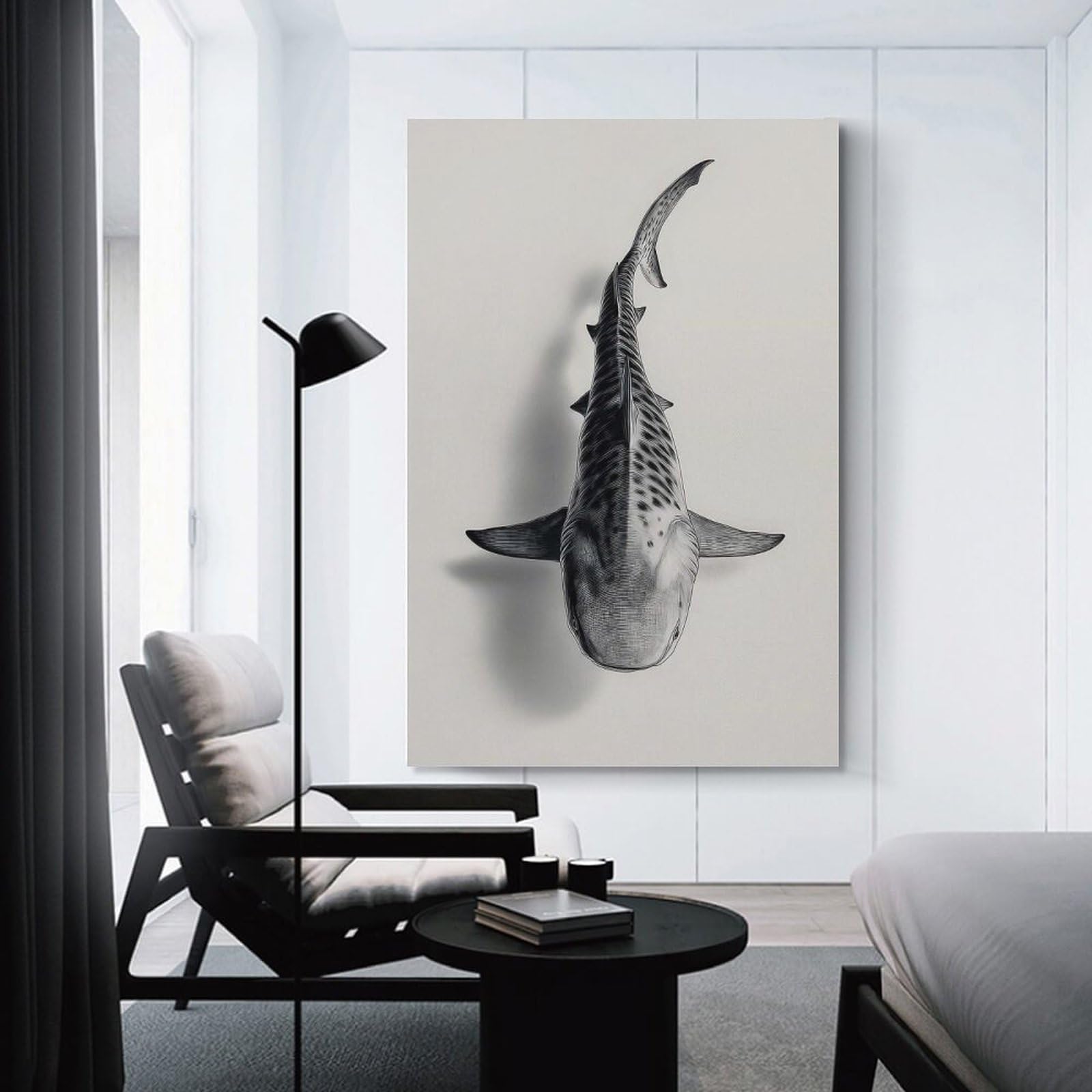 Junmoney Monochrome Shark Wall Picture Print, 20x30inch(50x75cm), for Flats, Guest Rooms Or Compact Rooms, Decorative Canvas Decor for Home Updates