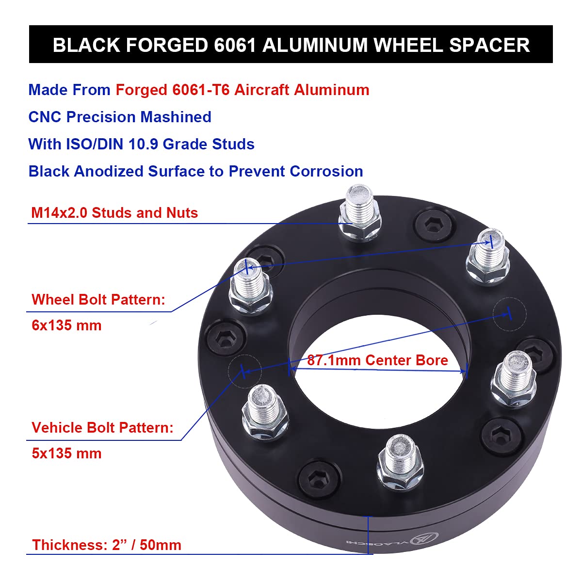 VLAOSCHI Black 5x135 to 6x135 Wheel Adapters 2 Inch with 14x2