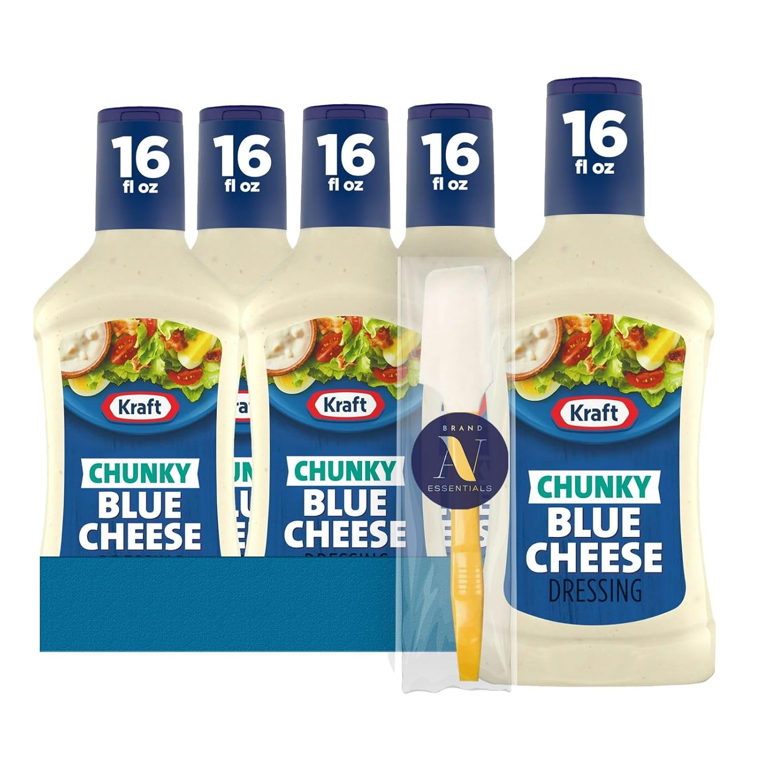 Kraft - Lavinia Essentials Bundle: 4-Pack of Chunky Blue Cheese Creamy Dressing, 16oz Squeezable Plastic Bottle + 1 Utility Prop.