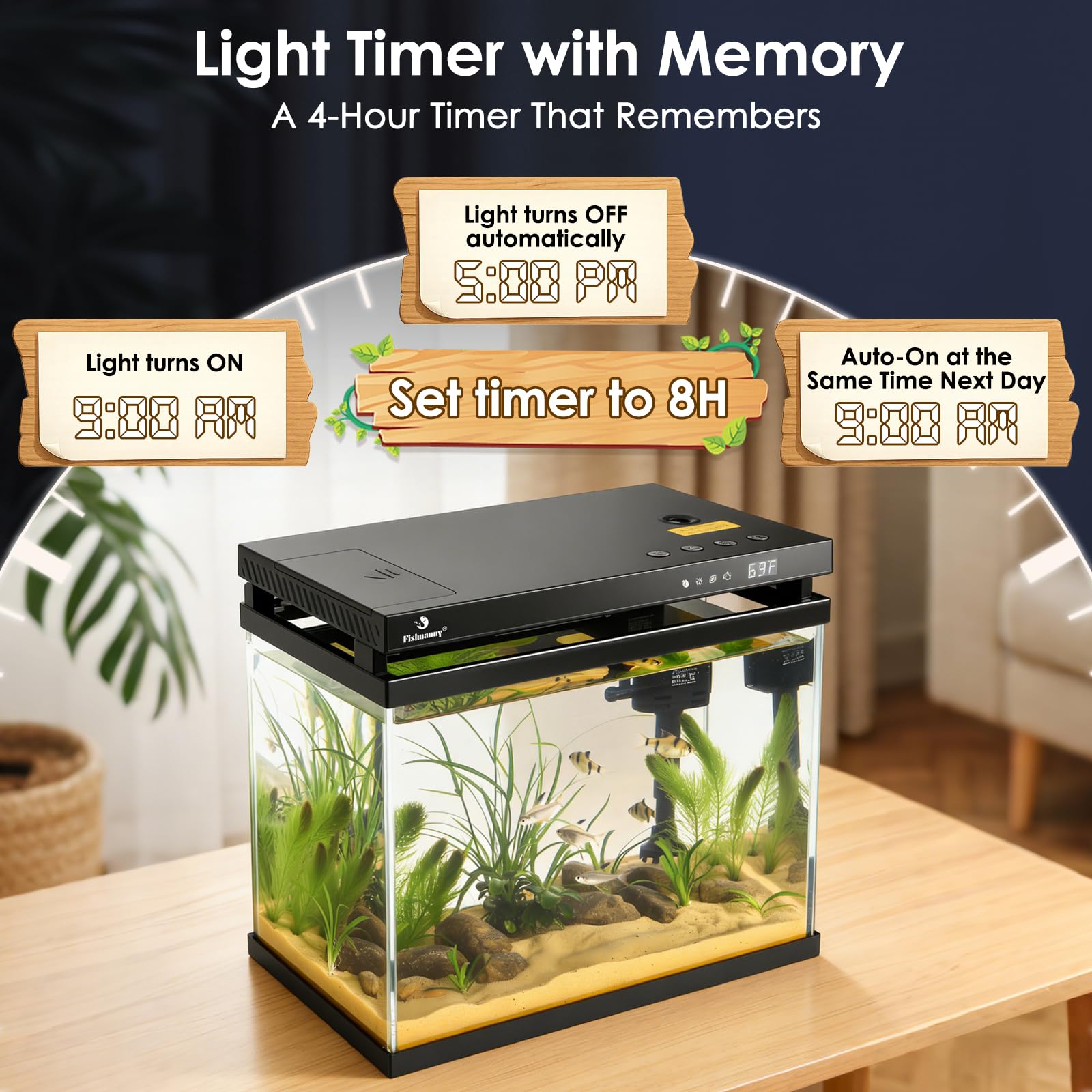 Mini acuario inteligente de 9 L, kit de pecera de vidrio HD con alimentador automático, bomba de filtro silenciosa autolimpiable, aromaterapia, visualización de temperatura y luces de 7