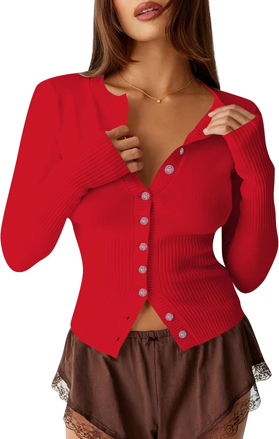 Womens Open Front Button Up Cropped Cardigan Ribbed Knit Long Sleeve Shirt Casual Solid Crop Top Cardigan Sweater