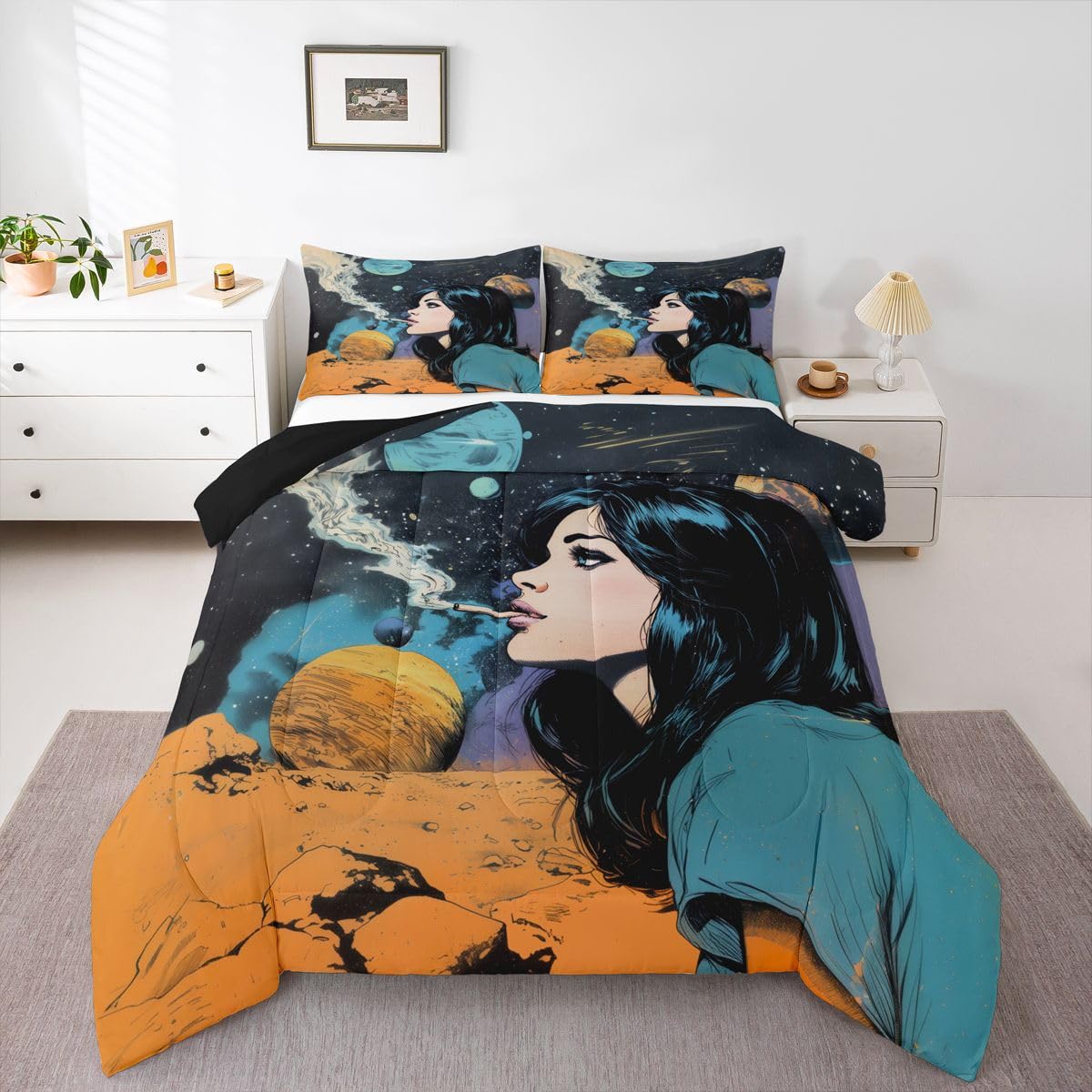 Homewish Kreskówka Kobieta King Size Zestaw Kołdry - Sci-Fi Kosmos Planeta Zestaw Pościeli Fantasy Komiks Kołdra Zestaw - Złoty Niebieski Retro Moda Galaktyka Bez Poszwa Kołdra