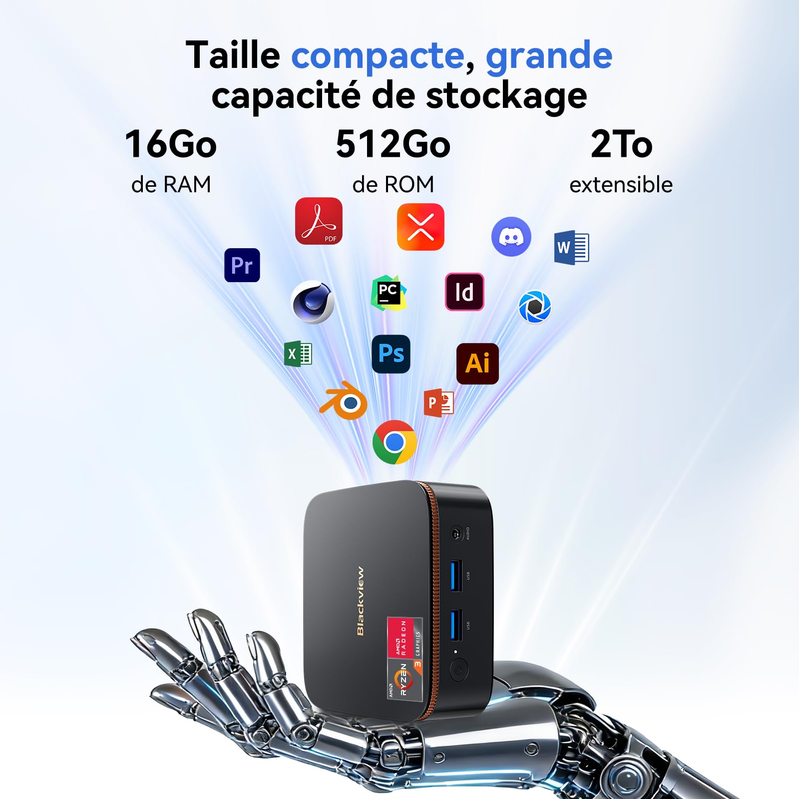 Blackview MP20 Mini PC Win11 Pro, AMD Ryzen 3300U(jusqu'à 3,50 GHz), 16 Go DDR4 RAM 512 Go M.2 SSD Mini Ordinateur de Bureau, Wi-FI 5G, 4K UHD Dual Display Tour PC pour l'école/Bureau.