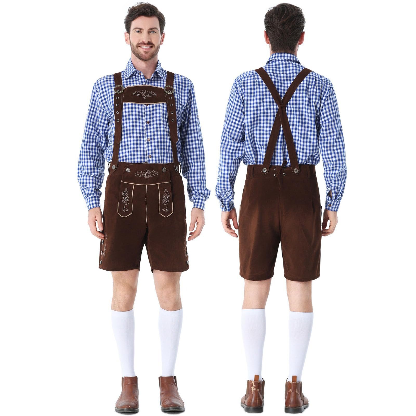 Oktoberfest Herren Trachten Set, Trachtenhose Herren Kurz in Wildleder Optik mit Hosenträgern & Kariertes Trachtenhemd Kurzarm, Bayerisches Wiesn Outfit für Männer