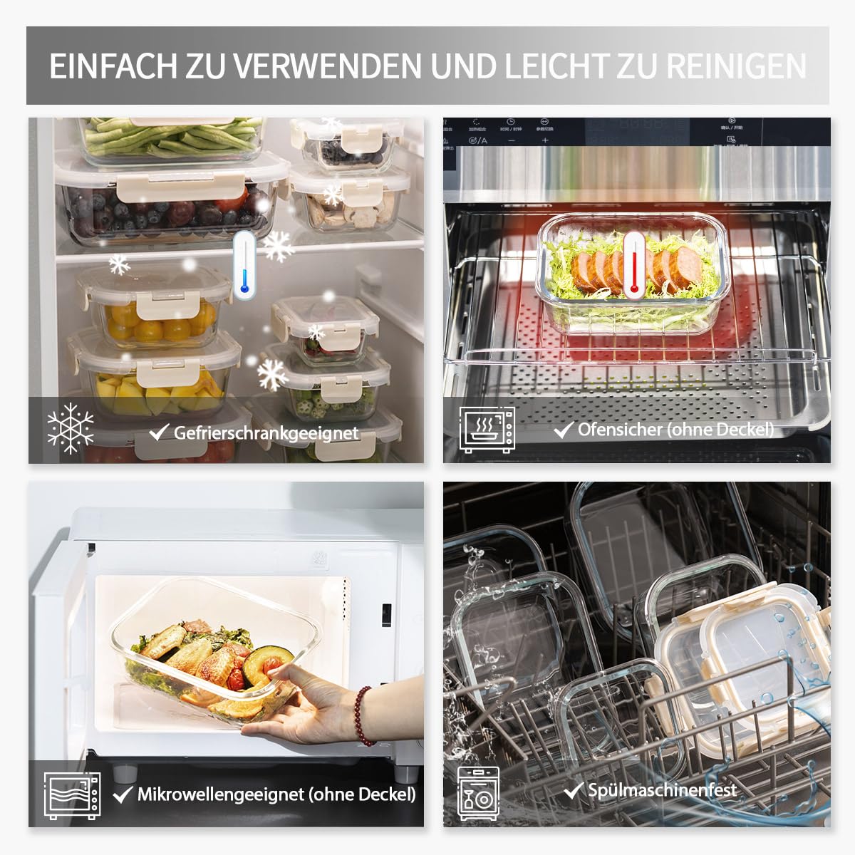 Fenger Juego de Recipientes de Cristal para Almacenaje, Frascos de Vidrio con Tapa, Contenedores de Almacenamiento para Alimentos Frescos, Cocina y Restaurante, Tapas de Plástico Premium