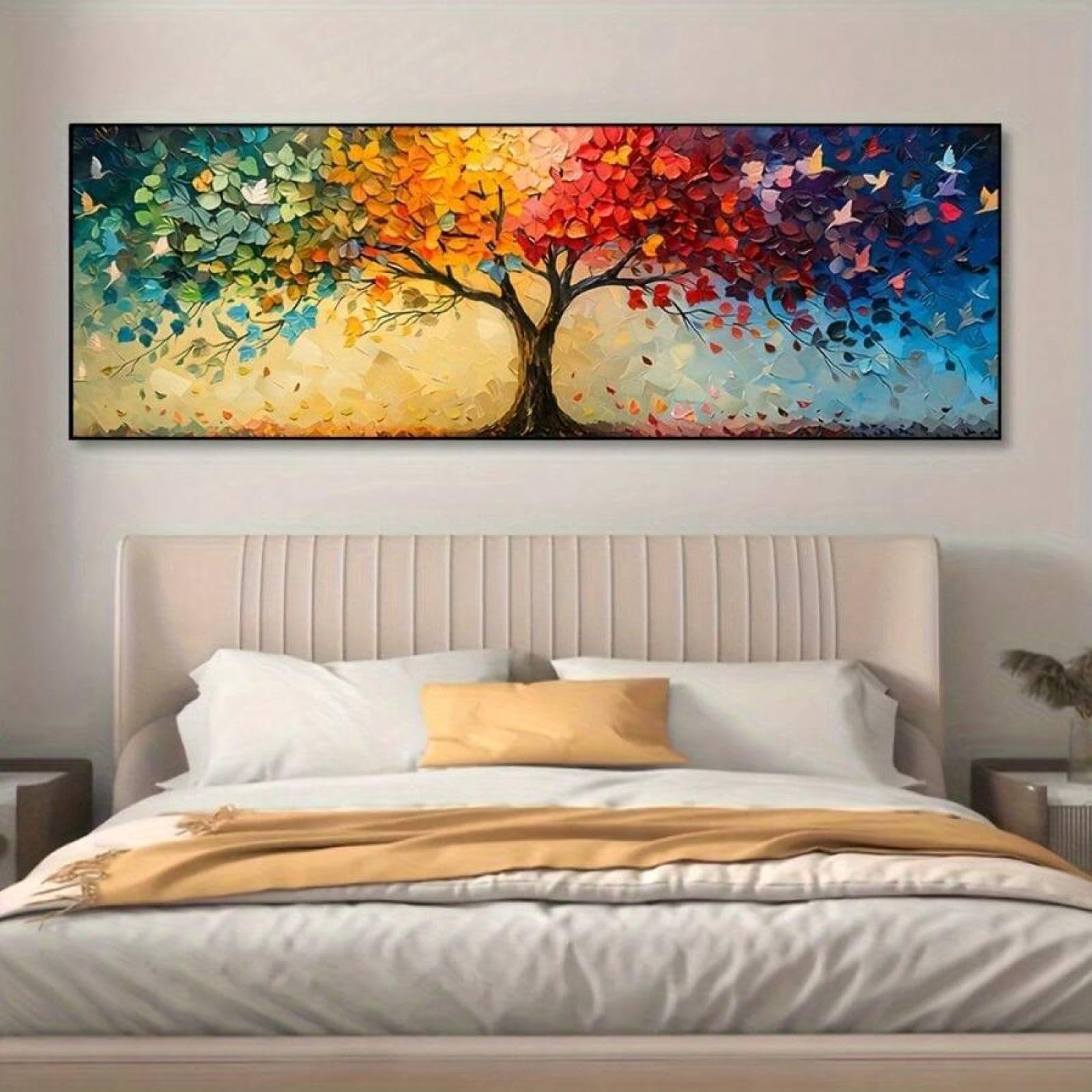 XBTYKPB Cuadro de gran árbol de la vida con diseño geométrico contemporáneo, primavera, verano, estaciones, paisaje, lienzo, arte de pared, impresiones, póster, marco de 50 x 150 cm