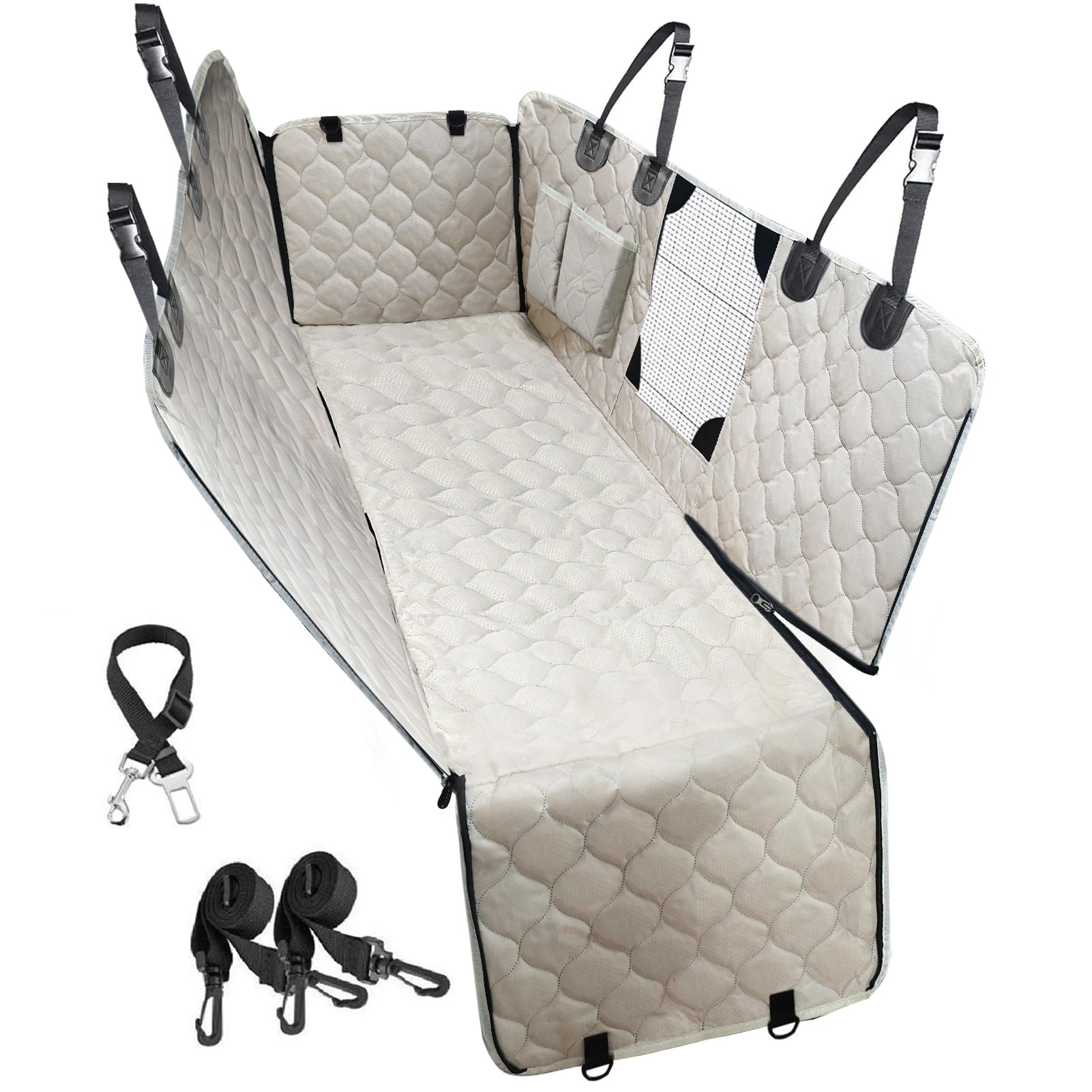 PETICON Dog Car Seat Cover with Mesh Window, 100% Waterproof Pet Seat Cover for Back Seat, Scratchproof Dog Hammock for Cars, Trucks, SUVs, Jeeps, Beige