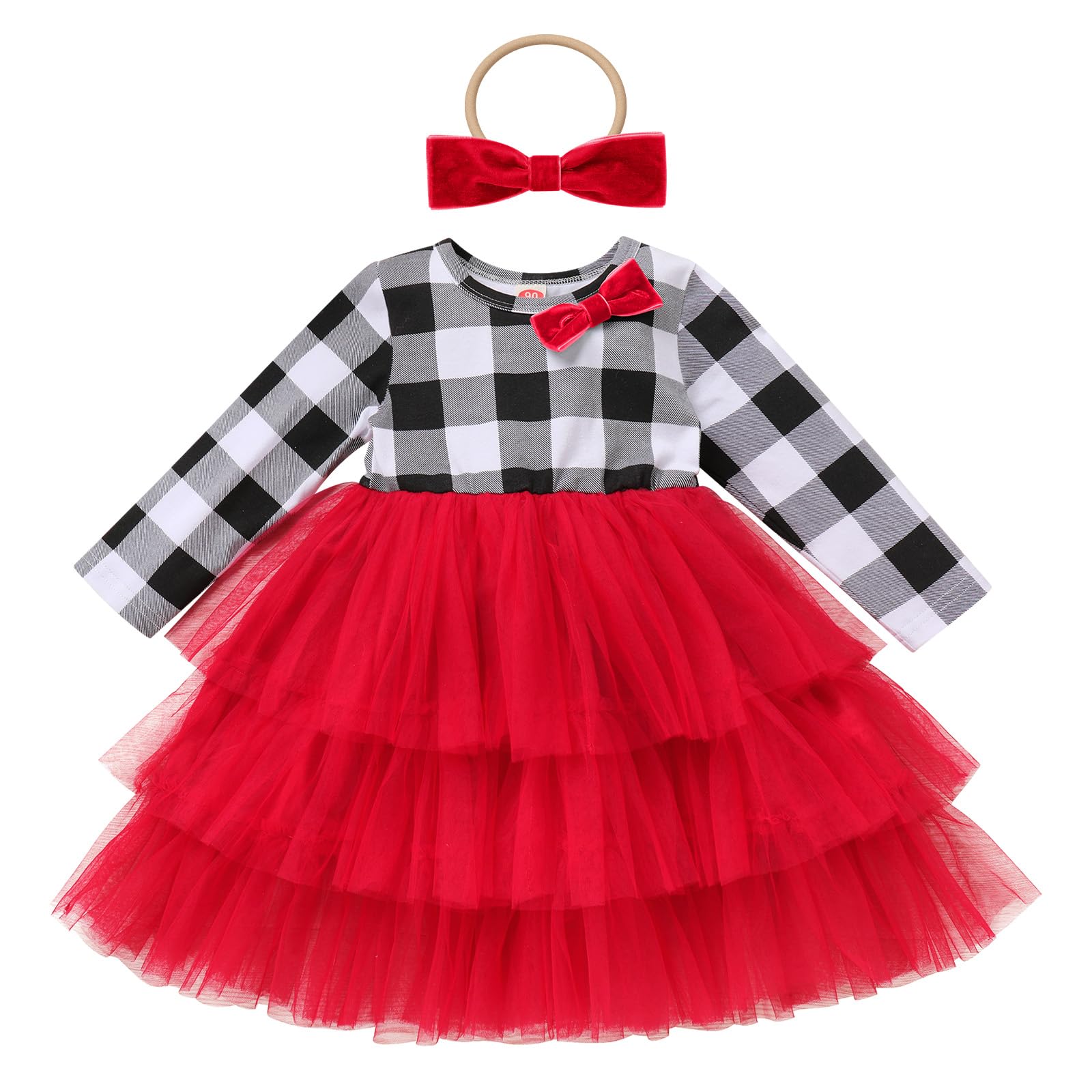IDOPIP Toddler Baby Girls Christmas Plaid Tutu Dress with Headband Long Sleeve Princess Birthday Party Dresses Fall Winter Clothes 2PCS Kids Vintage Holiday Casual Dress Outfits White 2-3 Years