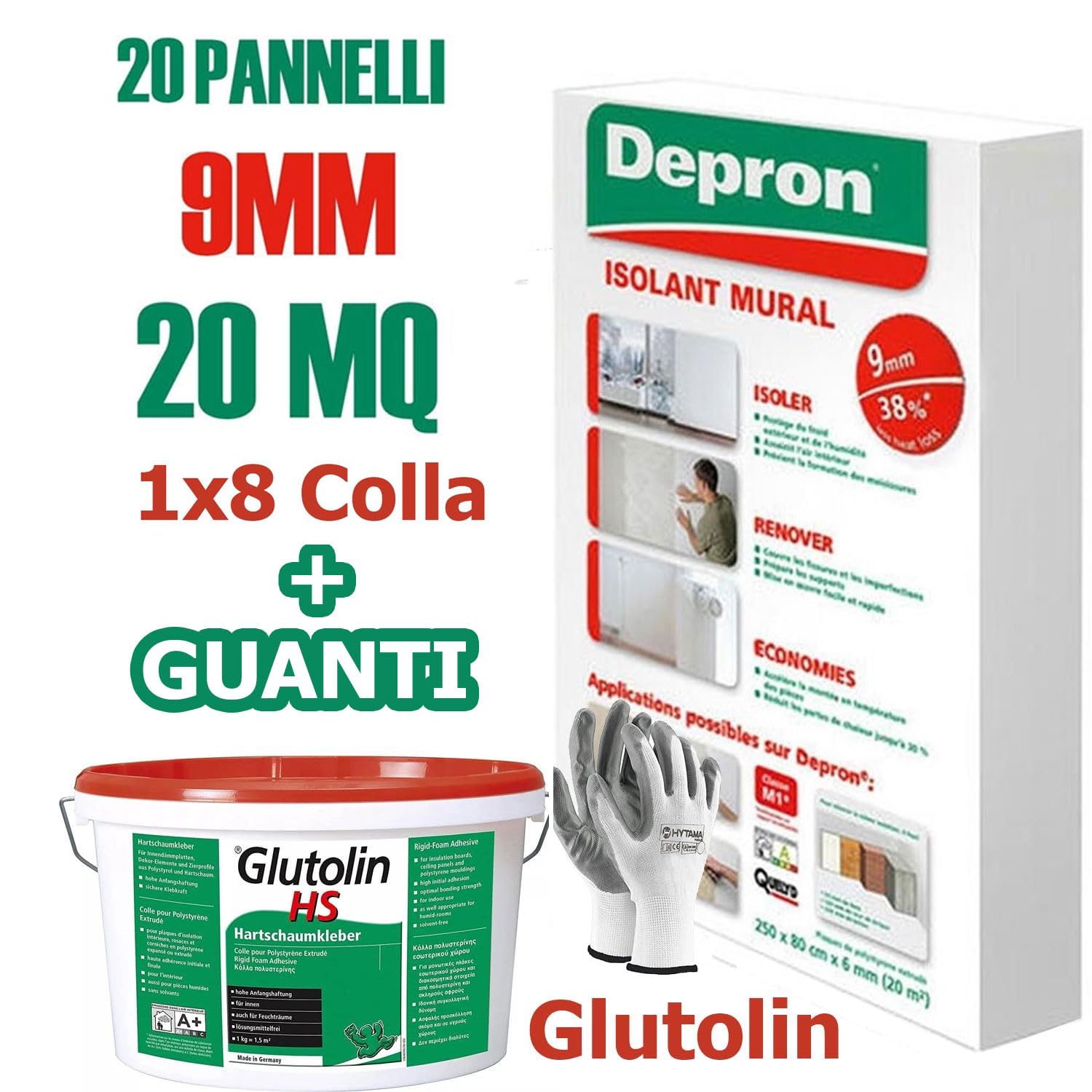 DEPRON Pannelli Isolanti 9 mm (125×80 cm) – Confezione 20 m² + Colla Glutolin 8 kg | Isolamento Termico e Acustico per Pareti e Soffitti | 1 paio di guanti in nitrile HYTAMA TOOLS