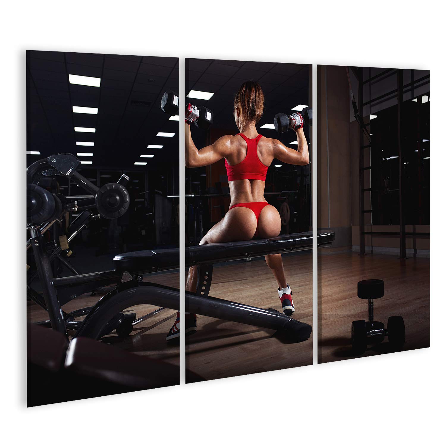 Quadro Moderno Giovane Ragazza Sexy Che riposa Dopo Gli Esercizi di manubri. Fitness Donna in panchina in Palestra con manubri per l'allenamento in Palestra Stampa su Tela Quadri x Salotto c