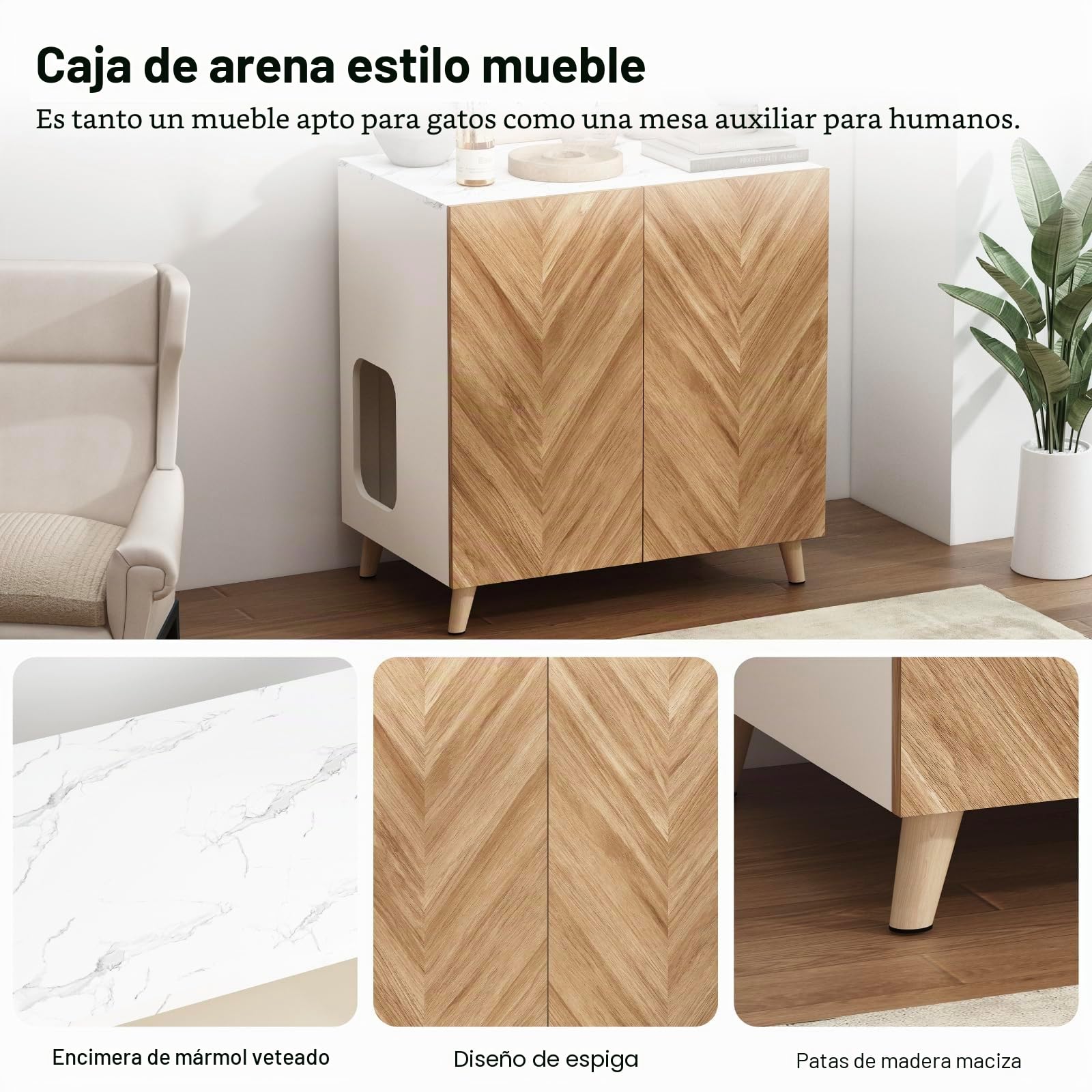 Mueble para Arenero de Gato, Mueble de Baño para Gatos con Puerta Doble y Agujeros de Ventilación, Casa para Gatos con Patrón Espina de Pescado, Armario para Esconder la Arena, Blanco