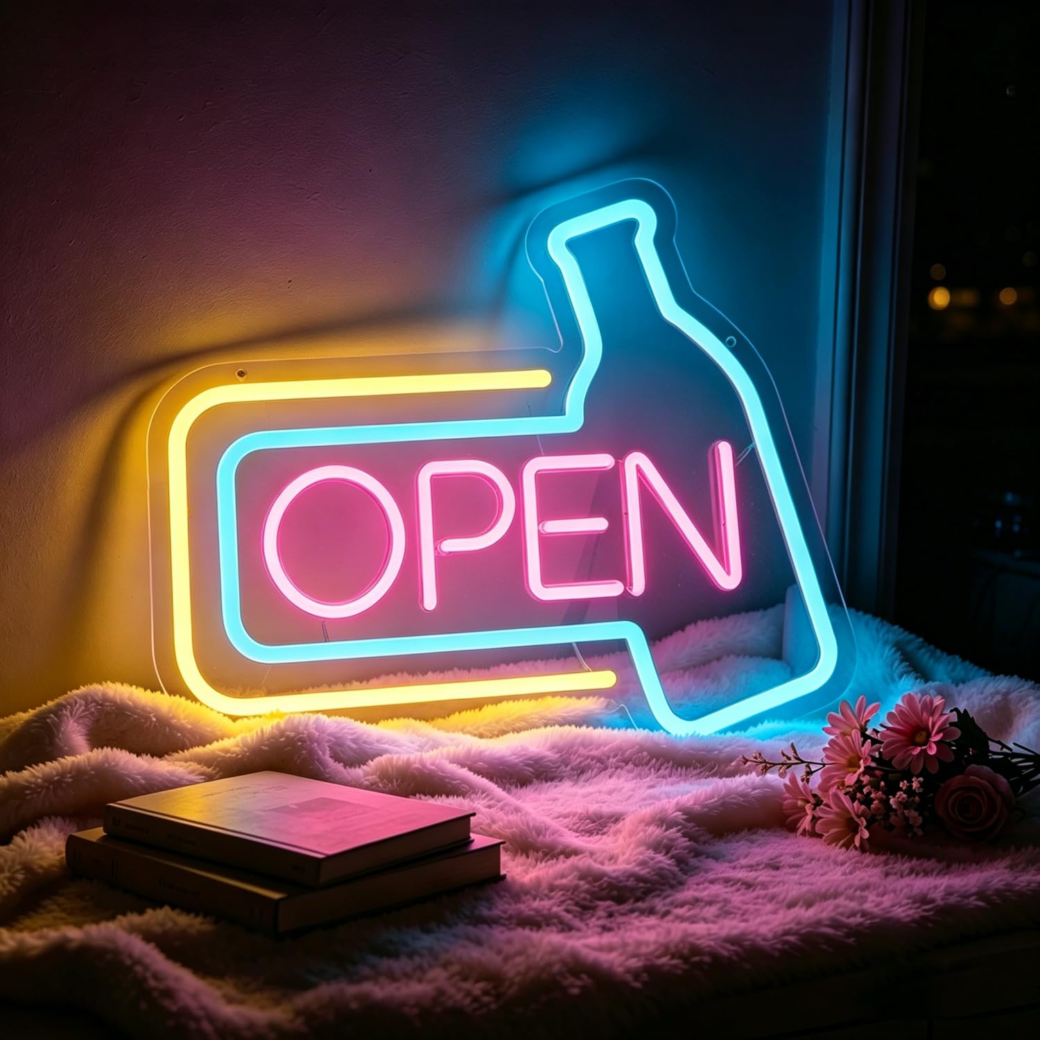 Open Neon Sign LED Neon Beer Bar Sign Light Up for Wall Decor, Dimmable USB Powered Neon Light for Bar Club Nightclub Home Man Cave Restaurant Shop Sign Decor Wedding Birthday Party Gift 10”x8.5”