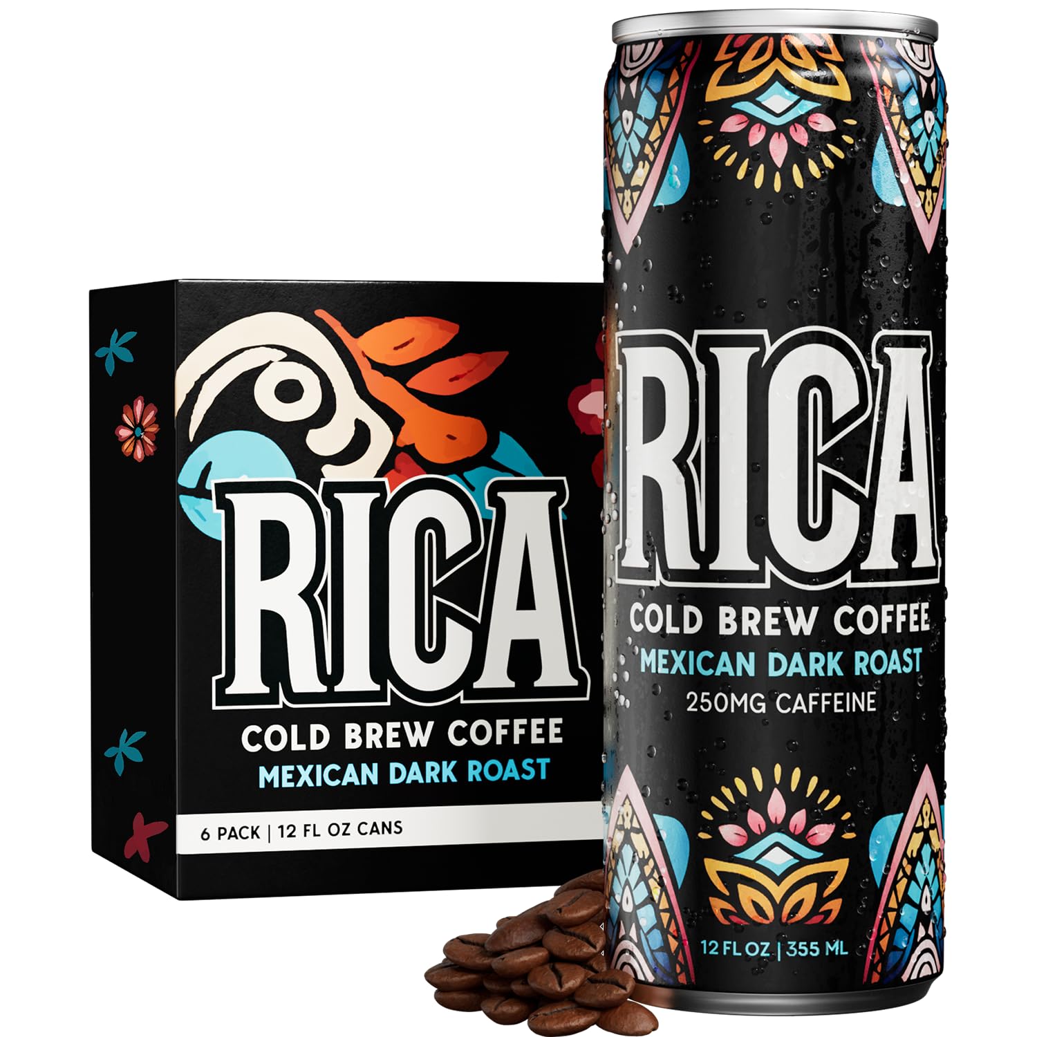 RICA Cold Brew | Mexican Single Origin Dark Roast Coffee From Chiapas | Ready To Drink Black Cold Brew Coffee With 250mg Natural Caffeine | Unsweetened, Low Acid, Shelf Stable 12oz Cans (6 Pack)