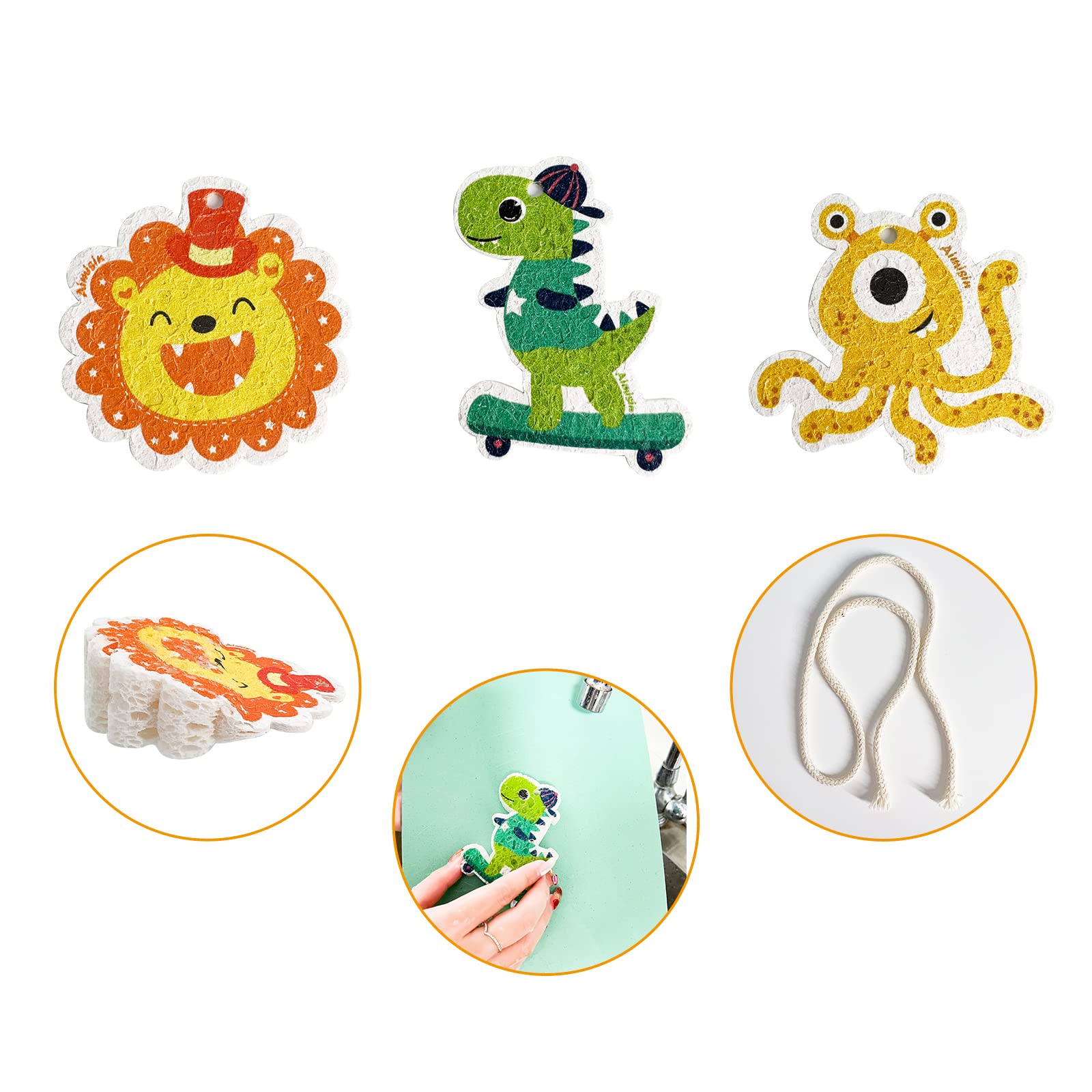 3pcs Compressed Wood Pulp Sponge Scrubber, Cute Cartoon Dual-Sided Reusable Dish Washing Cleaning Sponges Brush, with Lanyard, Individually Packaged, Household Cleaning Supplies