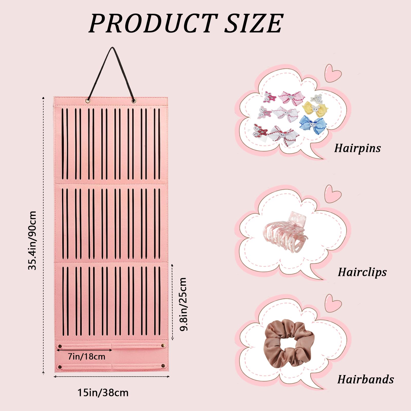 ZMD Hair Bow Holder Organizer for Girls, Baby Hanging Bow Holder, Hair Clips Storage Hanger for Ribbons, Hair Accessories Storage Organizer for Headbands, Hair Clips, Hair Ties (Pink, Large)
