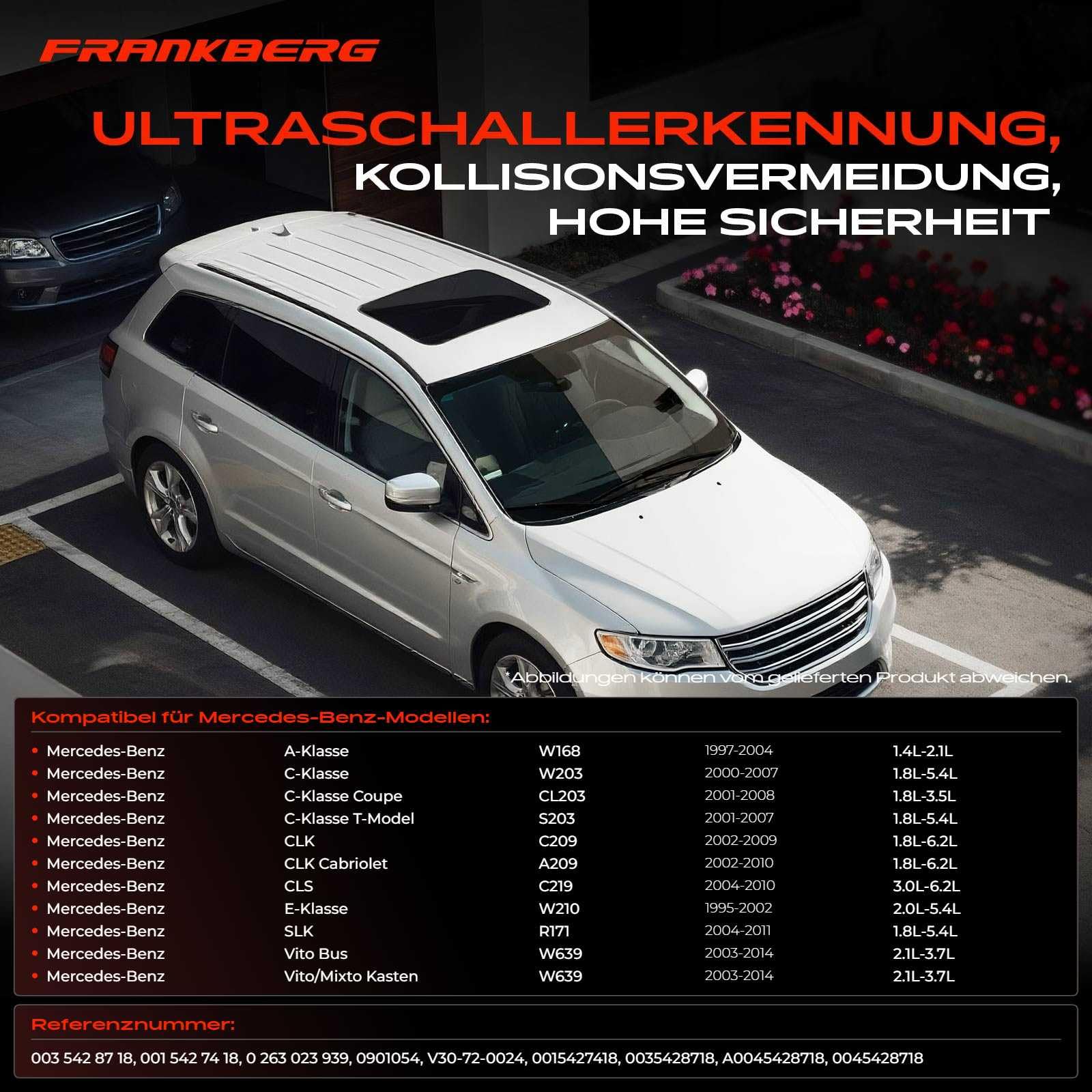 Frankberg 4 sensori PDC per assistenza al parcheggio con anello di tenuta | Compatibile con: Vitobus W639, Classe A W168, Classe E, modello T, S210, Classe M W163, SLK R171, CLK Cabriolet A209