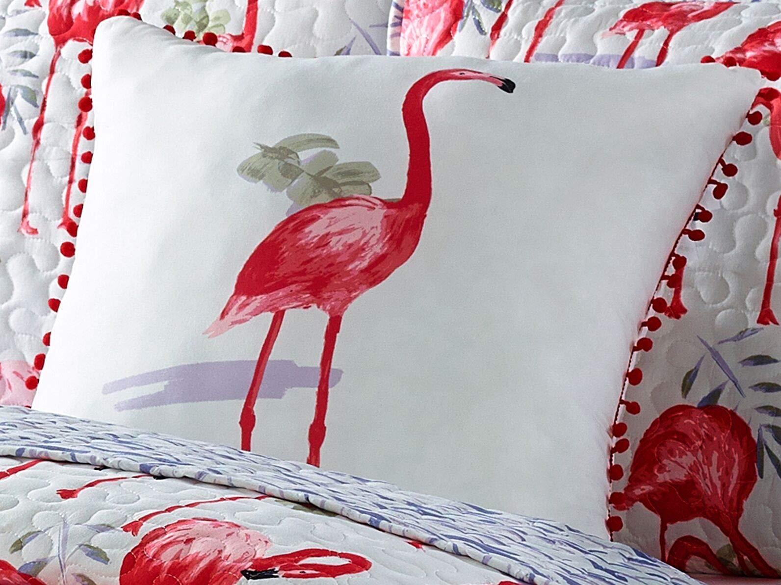 Seaside Resort Tropical Beach Quilt and Pillow Collection Fancy Flamingo Set, King, White and Pink
