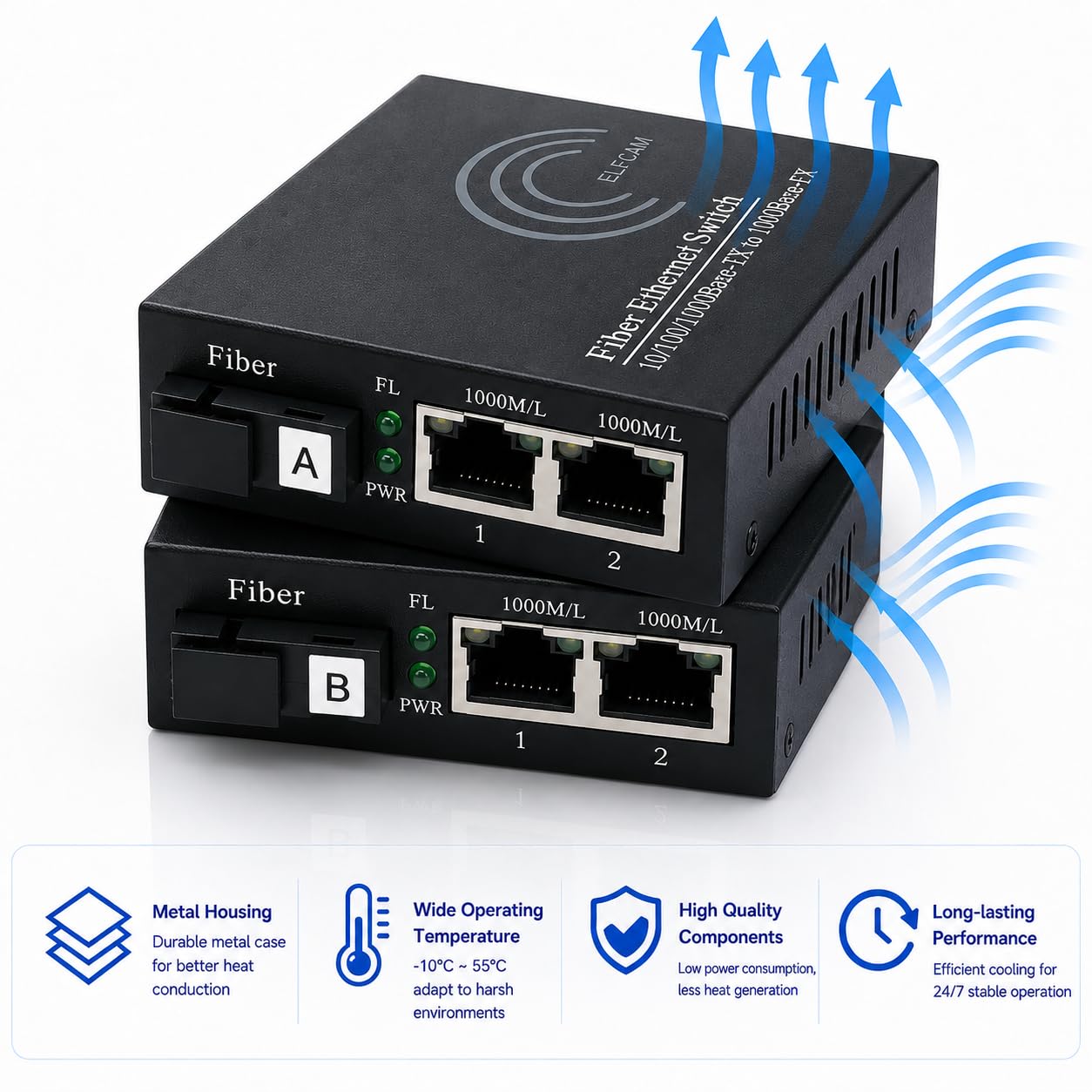 Elfcam® - Lot de 2 Convertisseurs Fibre Ethernet Gigabit avec Modules SFP Inclus, 2 Ports RJ45 par Convertisseur, Fibre Optique SC Monomode, Transmission jusqu'à 20 km, 10/100/1000 Mbps