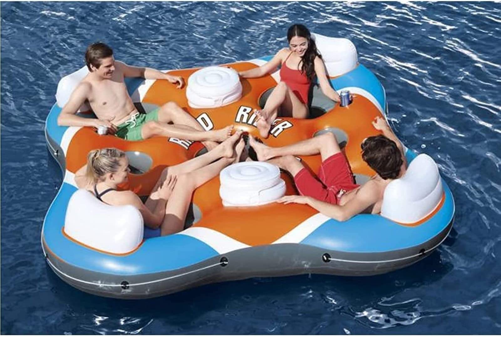 Flotador Inflable de la Piscina de la Isla Flotante - Flotador Gigante con 4 portavasos y 2 Cubos de Almacenamiento para Adultos, Fiesta en la Piscina de Verano