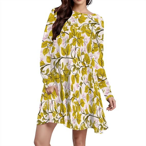 Womens Floral Print Dress Crewneck Long Sleeve Casual Flowy Basic Midi Dresses with Pockets