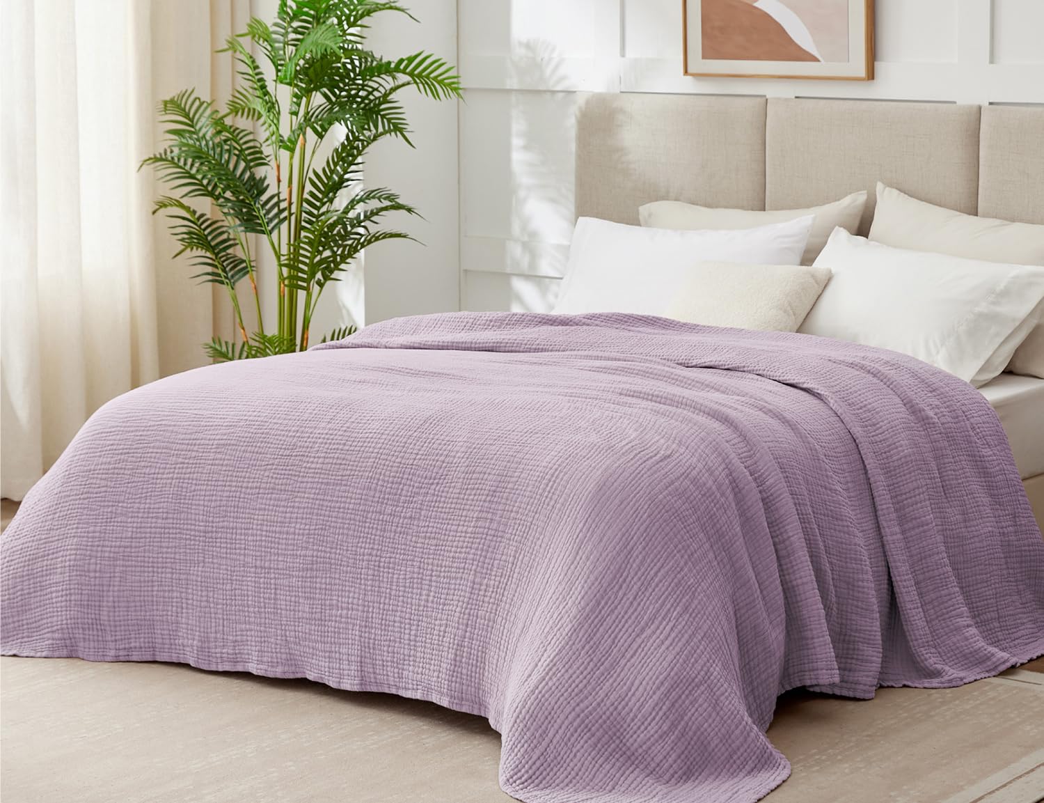 Kozyhvn 100% Cotton Muslin Blanket Queen 90" x 90", 6 Layers Breathable and Lightweight Cotton Throw Blanket for Bed, Soft Quilt Bedspread Coverlet, Gauze Blanket for Adults All Season, Lavender โ image 1