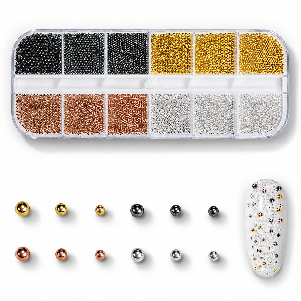 Nail Art Caviar Beads Set – 12 Colors Metallic Micro Beads for Nail Decoration | 3D Nail Art Studs Manicure Accessories | Gold, Silver, Rose Gold, Black – 1mm, 1.2mm, 1.5mm-image-38