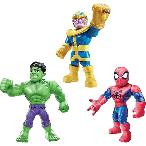 Playskool Heroes Marvel Super Hero Adventures Mega Mighties 25-cm Figure 3 Pack, Thanos, Spider-Man, Hulk Toys for Ages 3 and Up