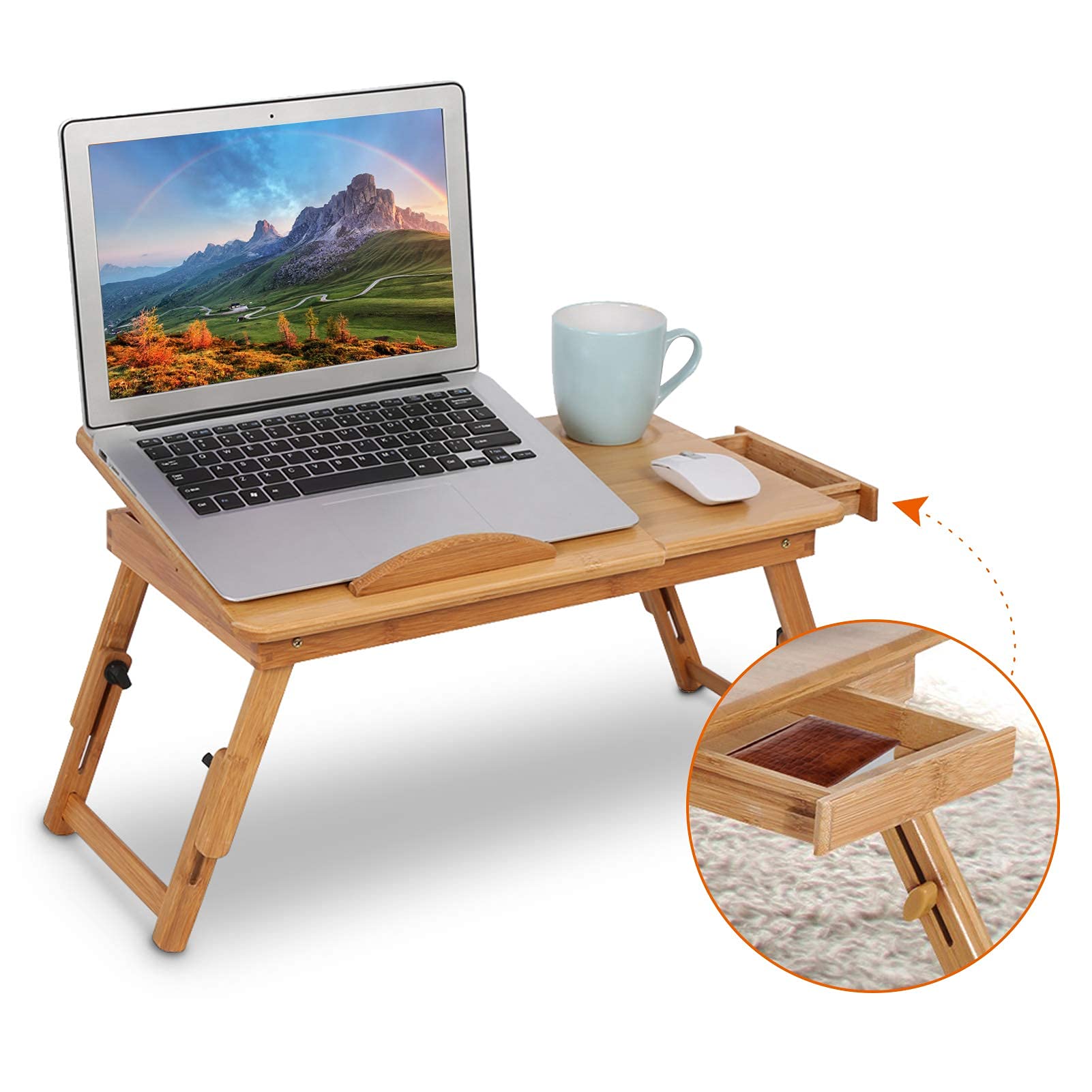 Scrivania per Letto Regolabile in Bambù Portatile con Supporto Antiscivolo Scanalatura per Tazza e Inclinazione Regolabile per Notebook Lettura