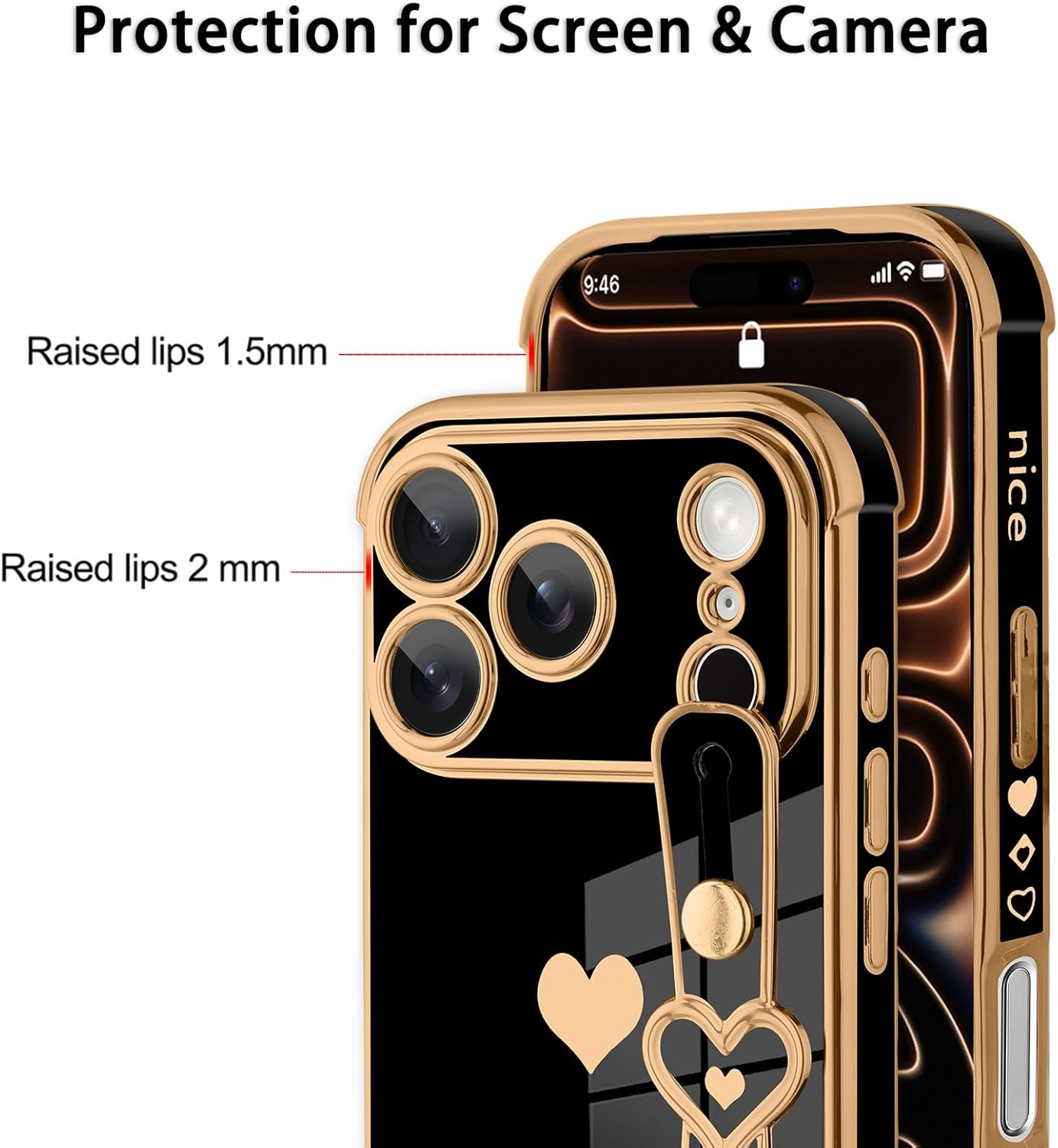 MOWIME Designed for iPhone 17 Pro Max Case with Wrist Strap, Cute Love Hearts Pattern for Women Girls Soft Plating Bumper Anti-Scratch Protective Cover with Stand Kickstand Holder, Black - Image 3