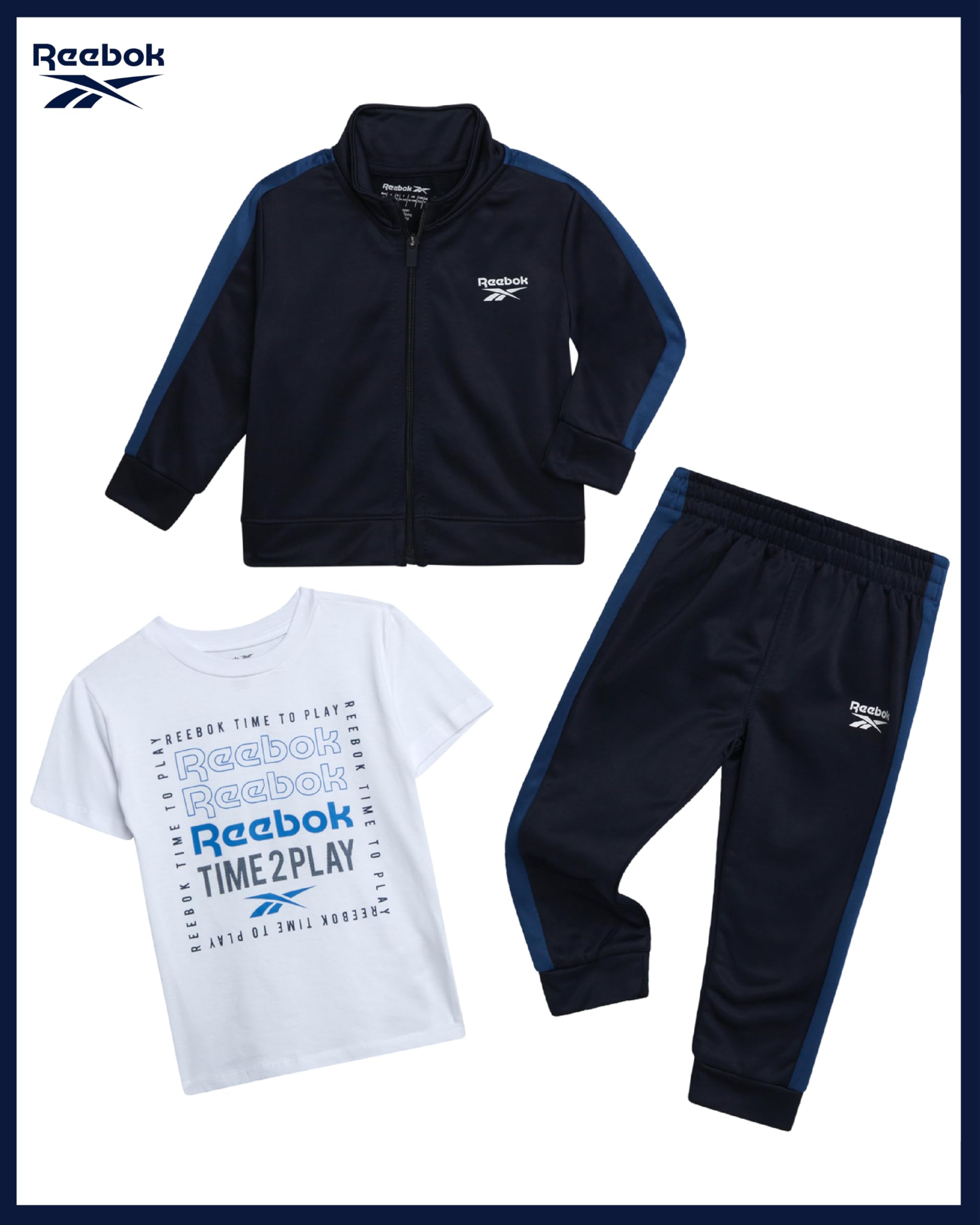 Reebok Set di 3 pantaloni da bambino, con giacca a maniche corte e pantaloni da jogging per neonati e ragazzi
