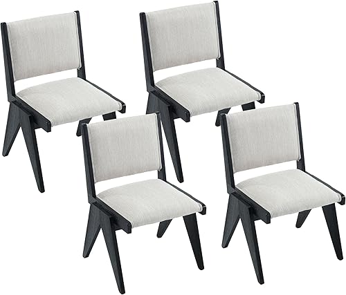 Miniatura 10 de VESCASA Sillas de comedor tapizadas con patas de madera marrón claro, sillas de comedor acolchadas modernas de lino de mediados de siglo con