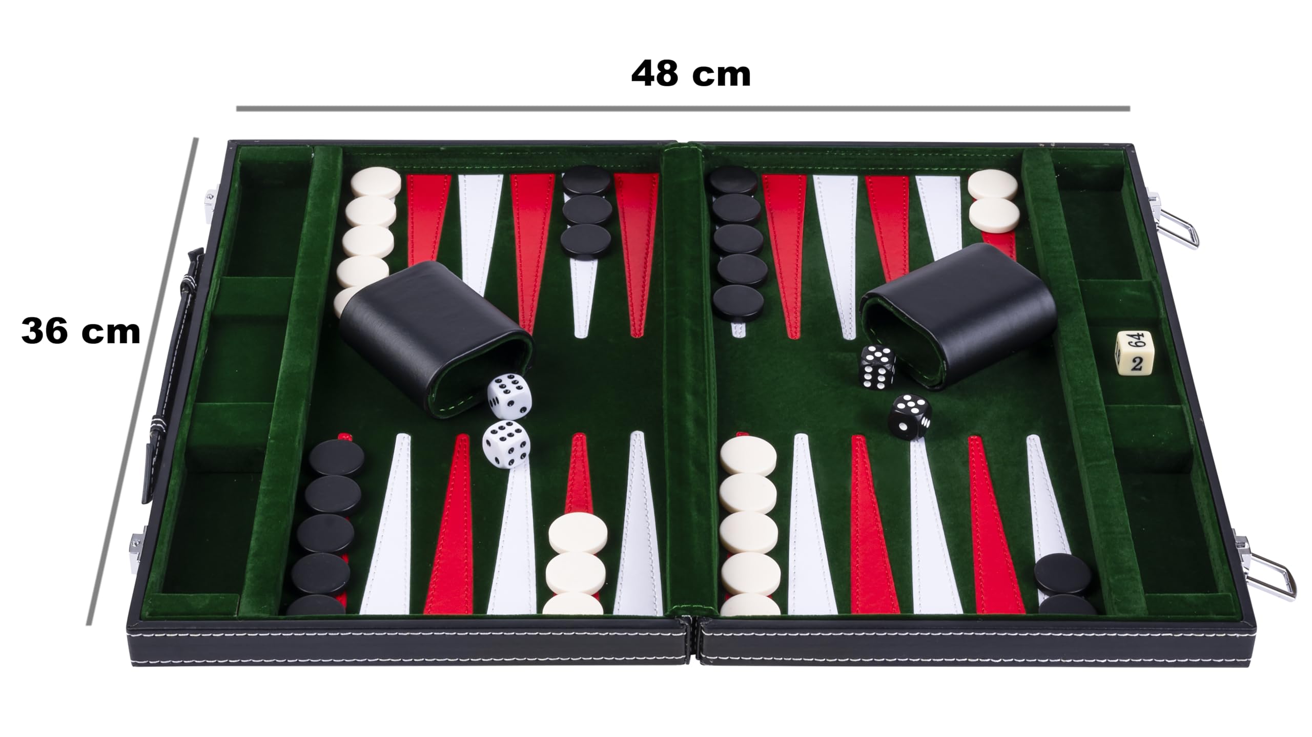 Engelhart – 250517 – Backgammon 15” (38 cm) in Similpelle Cucita – Tavola con Velluto e Cuciture – Aperta: 36x48 cm – Verde, Rosso, Bianco – Gioco da Tavolo Portatile per 2 Giocatori