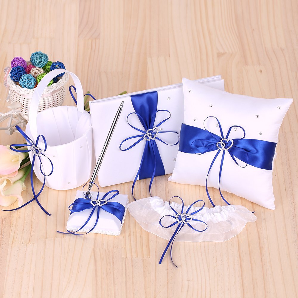 5-teiliges Set Hochzeitszubehör Doppelherz-Satin-Blumenmädchenkorb + 7 * 7 Zoll Ringträgerkissen + Gästebuch + Stifthalter + Brautstrumpfband-Set Weißes (Blau)