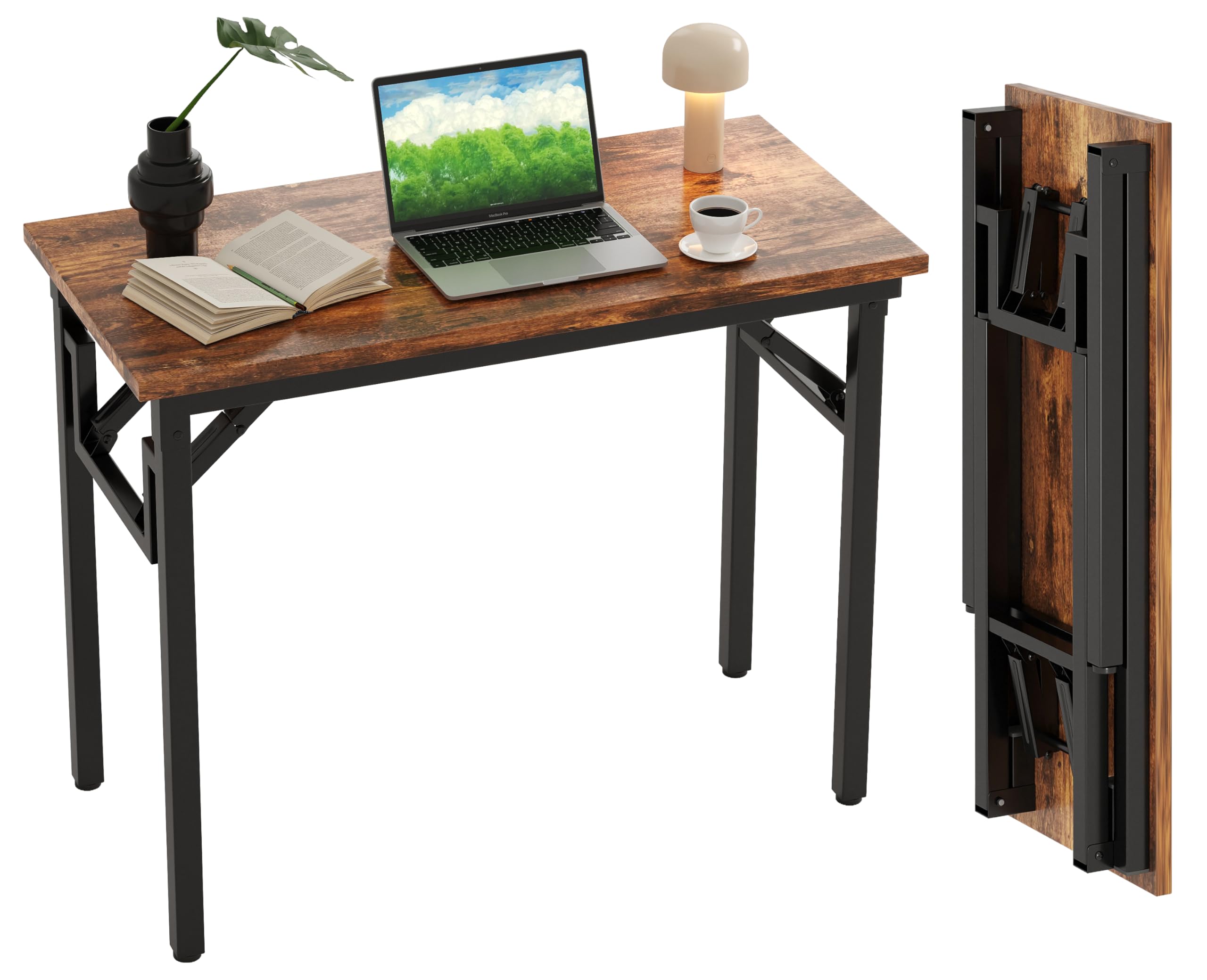 Xyohren Small Folding Desk, No Assembly- 100x40cm Folding Computer Desk, Perfect Office Desk for Small Spaces in Bedroom,Outside, Portable Folding table or Study Table with Compact Design, Brown